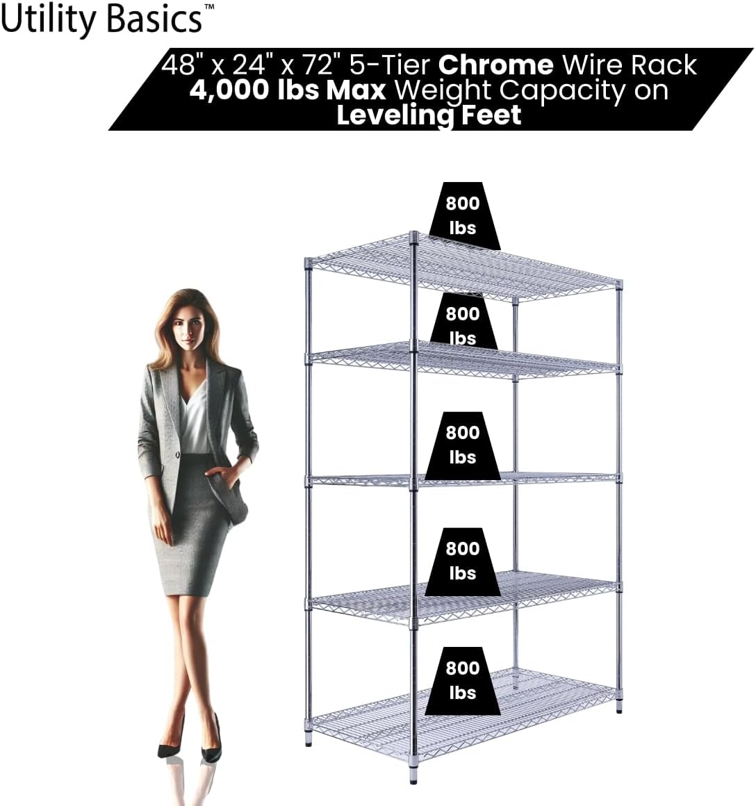 48"x24"x72" Chrome 5-Tier PREMIUM Wire Shelving NSF 4000 LBS MAX CAPACITY Heavy Duty Steel Storage Rack for Warehouses, Garages, Hospitals, Commercial Spaces, & Schools w/PREMIUM WHEELS