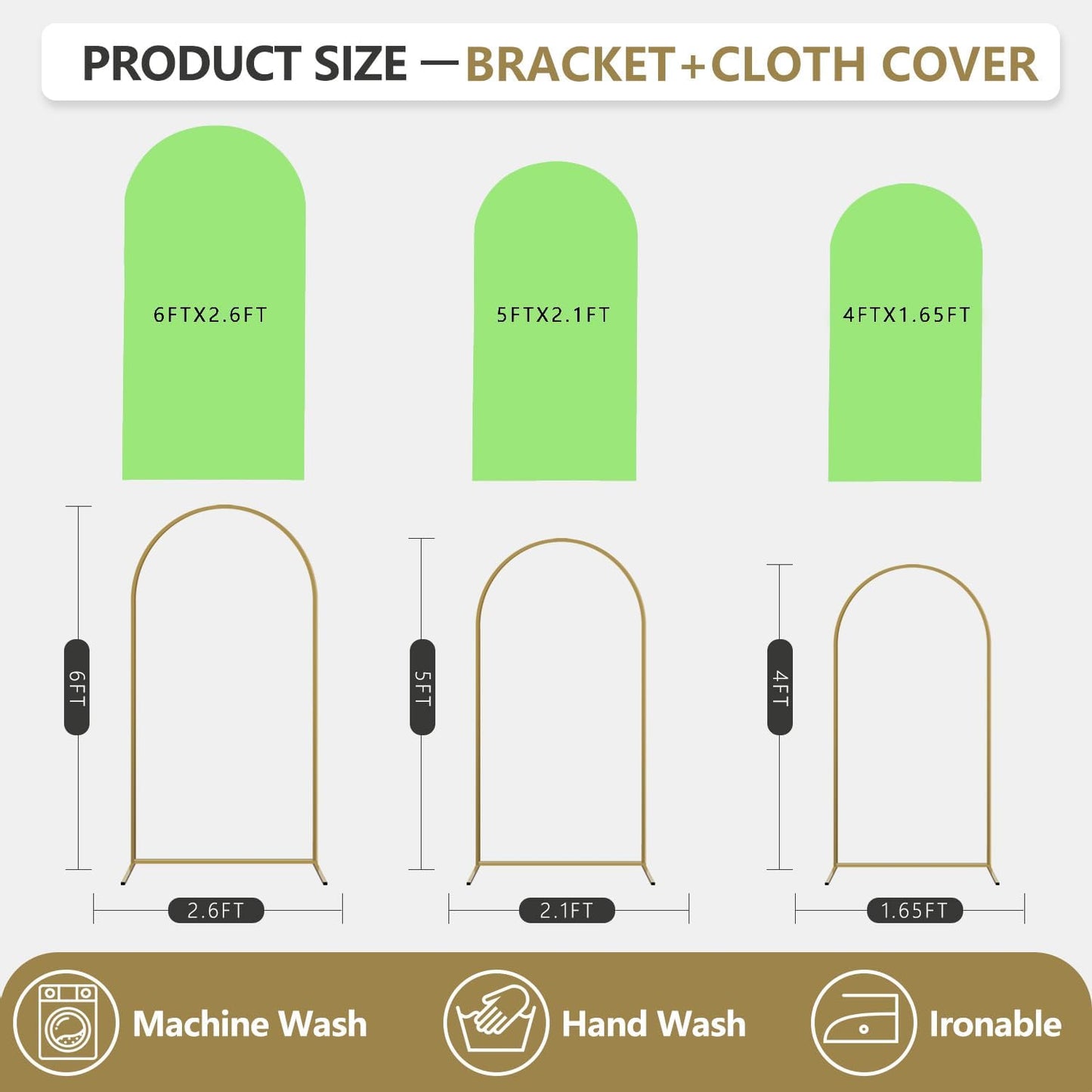 Arch Backdrop Stand and Cover Set, 3 Metal Balloon Arch Backdrop 4ft 5ft 6ft, Gold Arched Stand Frame for Wedding, Parties,Birthday, Backdrop Decorations (SageGreen,4ft+5ft+6ft)