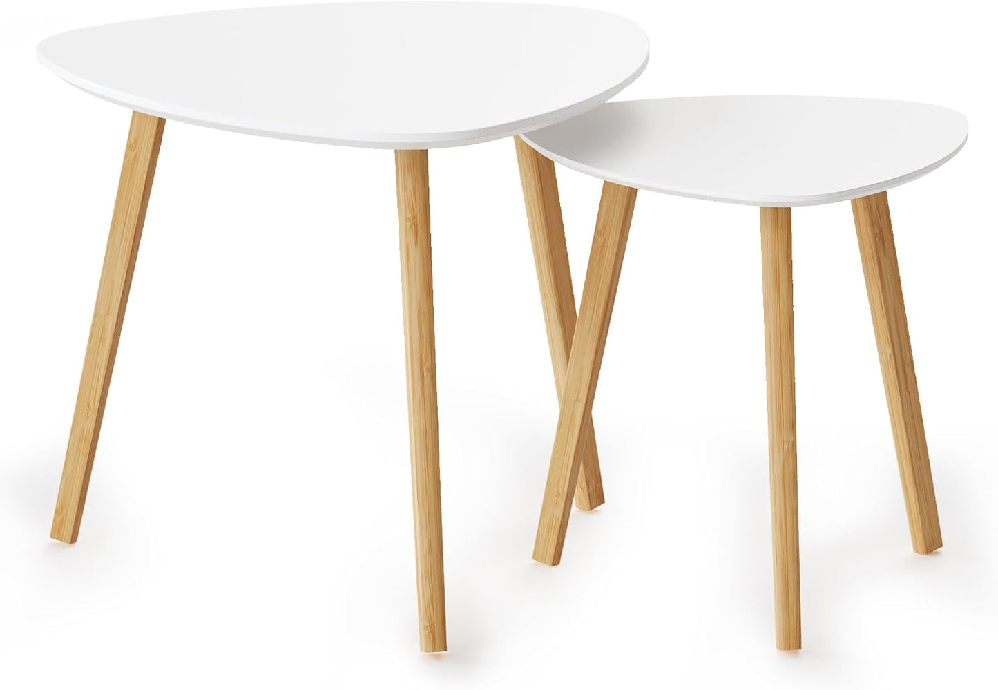 BAMEOS Bamboo Nesting Triangle End Table,Set of 2 Coffee Table Modern Minimalist Side Table for Living Room, Balcony in White