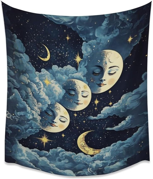 Blue Moon Faces Tapestry Celestial Wall Art Dark Academia Aesthetic Print Stars Clouds Tapestries Wall Hanging whimsical Gothic Home Decor for Bedroom Living Room 30x40inch