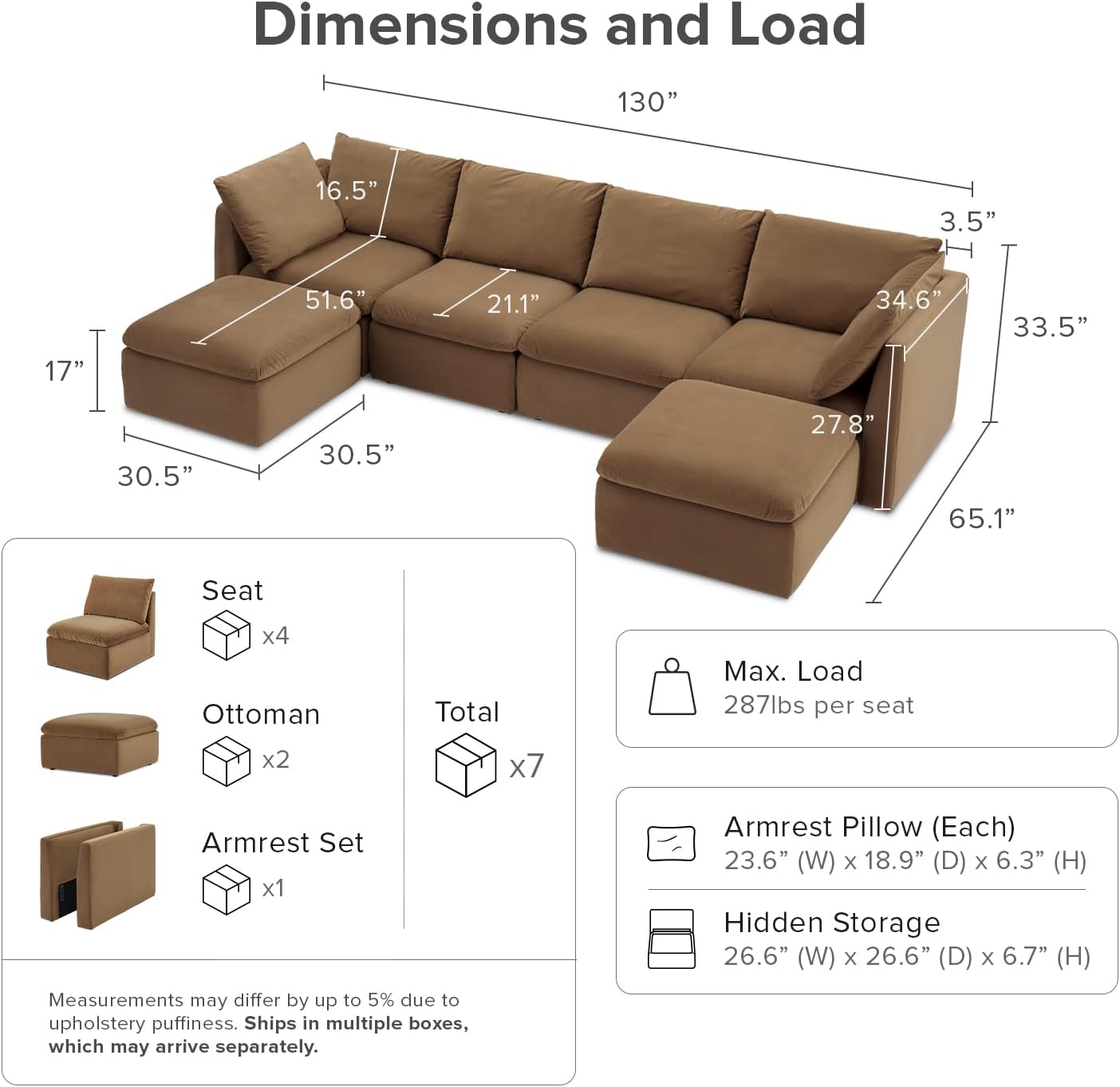 mopio Oversized Modular Sectional Sofa with Fully Removable Covers and Storage, Convertible U, L-Shaped and Sleeper Sectional, Modern Couches with Ottoman Chaise (Hazelnut Velvet, 6 Seats, U)