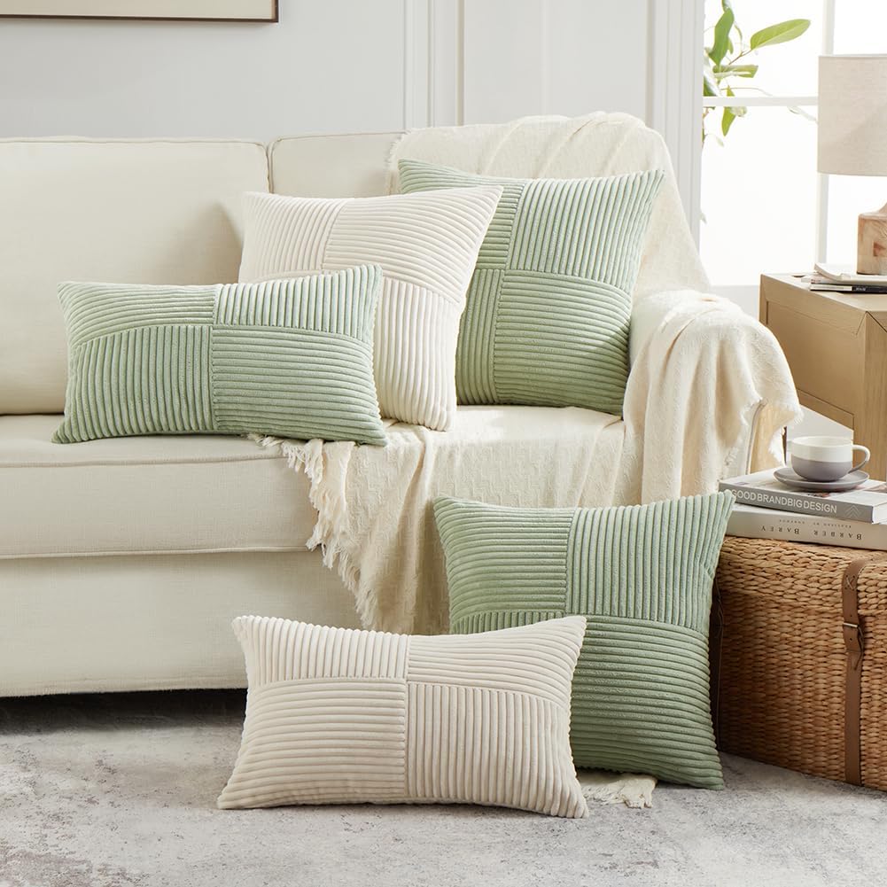 Fancy Homi 2 Packs Cream Big Decorative Throw Pillow Covers 24x24 Inch for Living Room Couch Bed, Rustic Farmhouse Boho Home Decor, Soft Corss Corduroy Patchwork Accent Square Cushion Case 60x60 cm