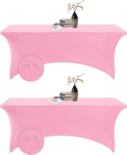 2Pack Spandex Waterproof Table Covers 6ft，Spandex 6ft Waterproof Table Cover for Party,Wedding, Banquet, and Events(Pink)