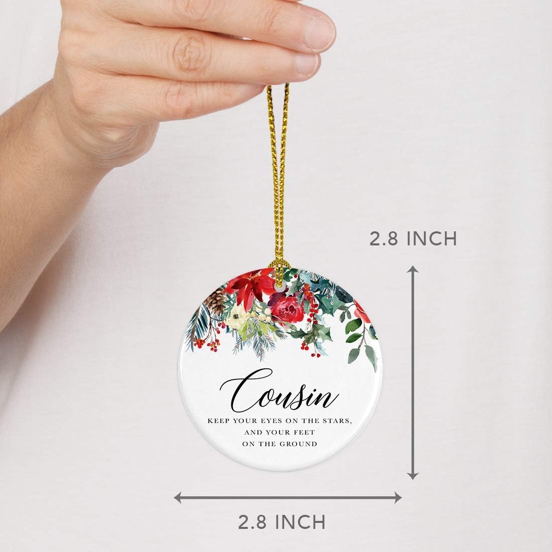 Andaz Press Round Ceramic Porcelain Christmas Tree Ornament Keepsake Gift for Cousins, Cousin Keep Your Eyes on The Stars, and Your Feet on The Ground, 1-Pack