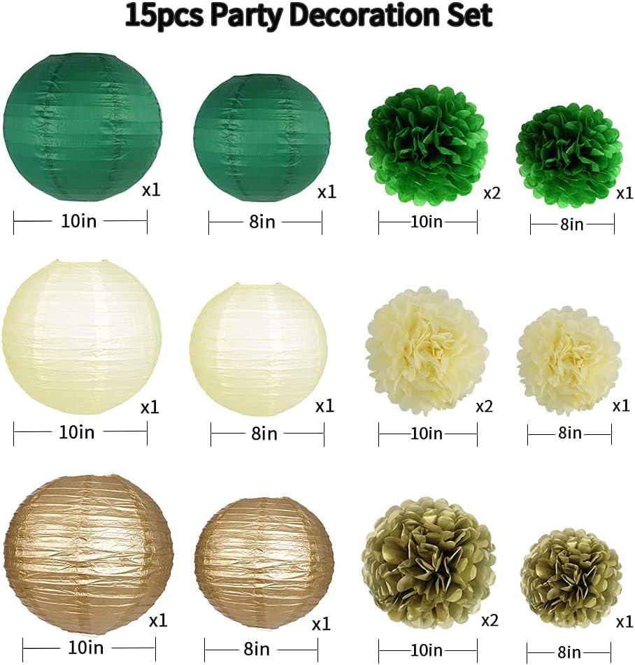 Green Gold Party Decorations, Hanging Paper Lanterns and Pom Poms Flowers for Woodland Baby Shower Graduation Green Birthday Party Decor 15PCS