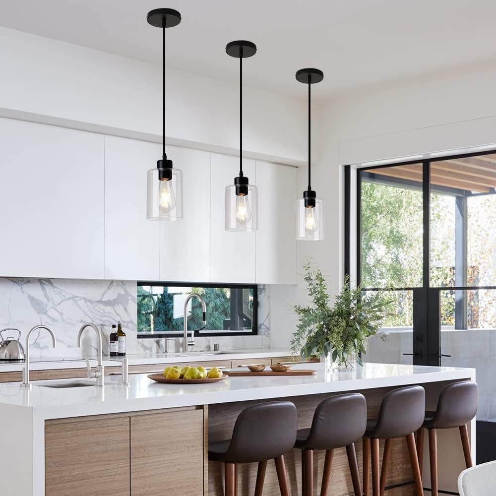 Modern Black Farmhouse Clear Glass Cylinder Pendant Light Fixture,Island Lights for Kitchen,Mini Pendant Lighting for Kitchen Island Decor - 4.75 Inch Shade, 2-58 Inch Cord(1 Pack)