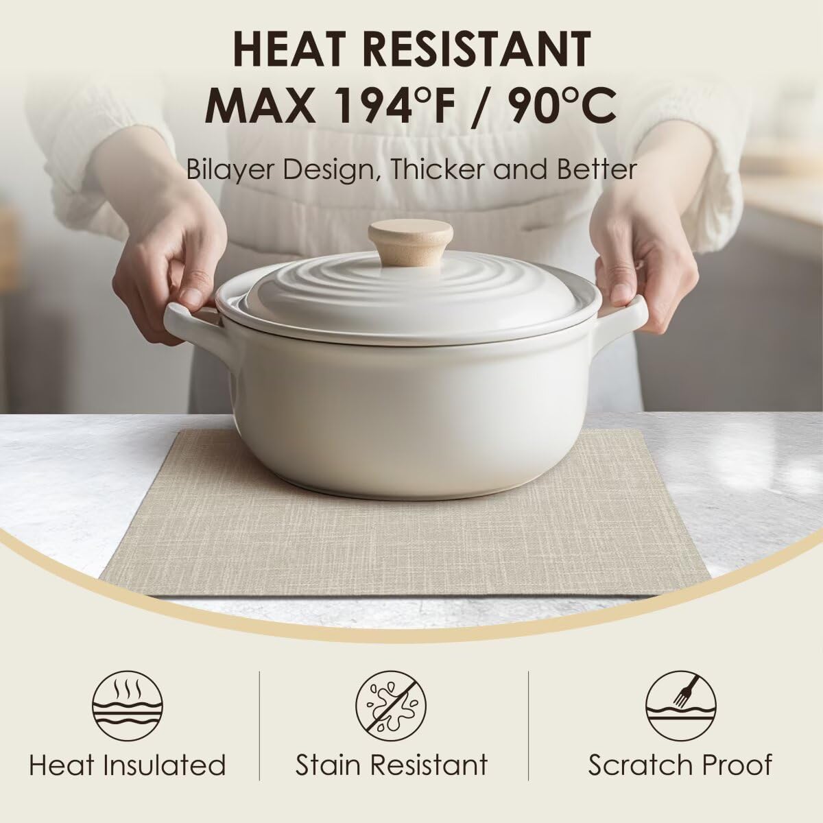 Placemats Set of 6, Bilayer Thickened Linen Place Mats Heat Resistant Machine Washable Wrinkle Free Carefully Selected Polyester Mats for Kitchen/Dining/Coffee Table (Cream Beige)