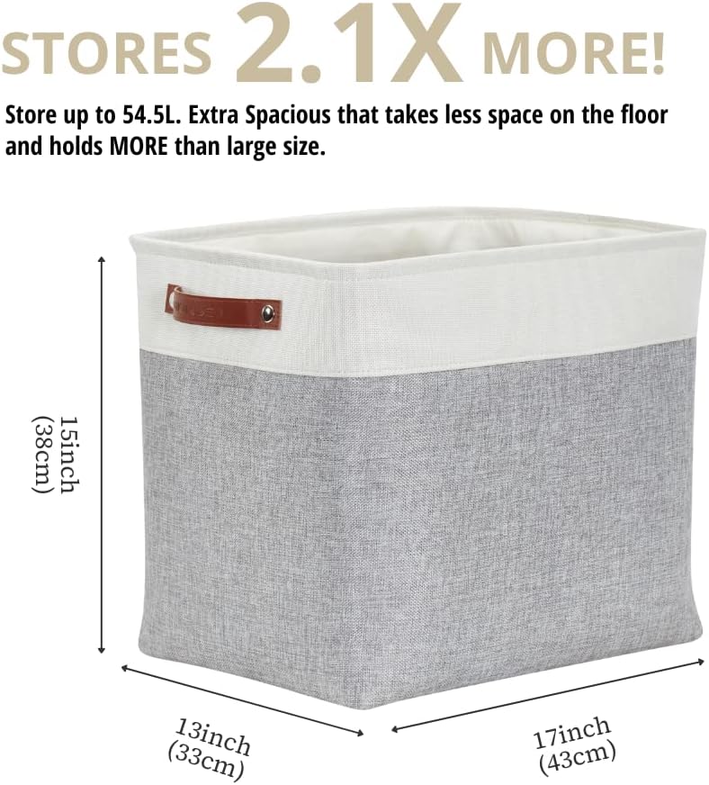 DECOMOMO Storage Baskets | Large Storage Bins 54.5L Fabric Baskets for Organizing Laundry Nursery Toys Cloth Linen Closet Organizers with Handles (Grey and White, XXXL - Jumbo/3P - 17" x 13" x 15")