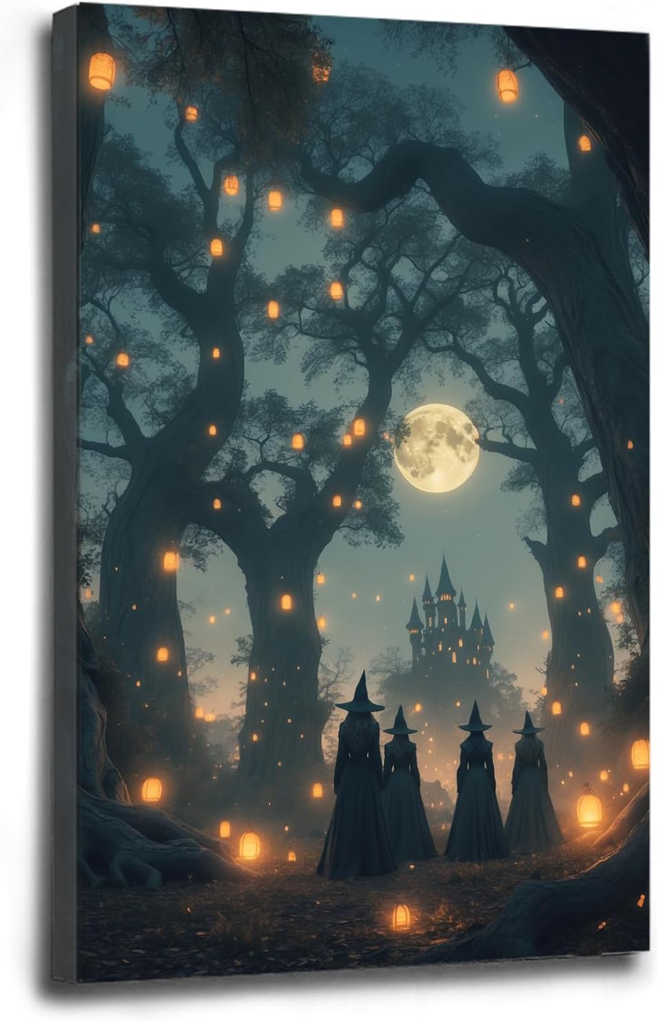 Mysterious creek painting witch and castle in magic forest art print canvas gothic print dark college decoration poster for home bedroom28x40in Wood Framed