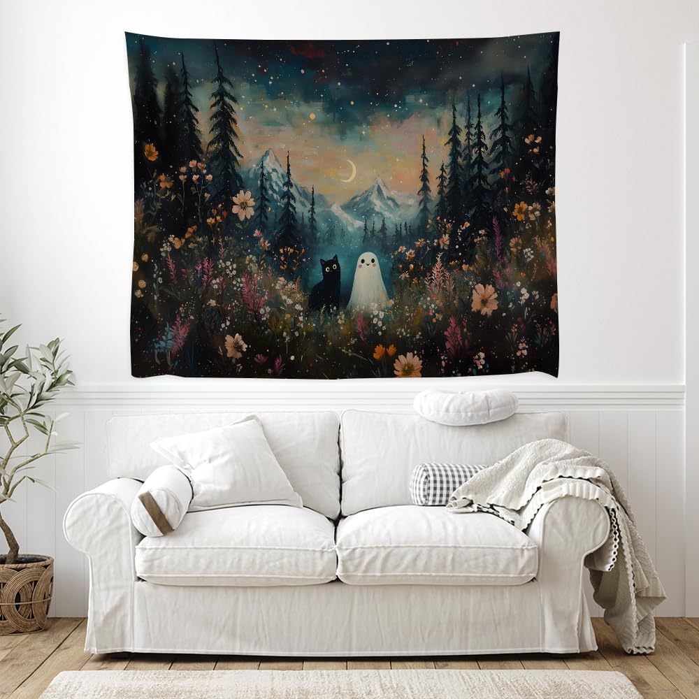 Whimsical Halloween Tapestry Wall Hanging Ghost and Black Cat in Magical Forest Wildflowers Meadow Tapestry Art Print Charming Spooky Fall Season Tapestries for Living Room Bedroom Decor 40x60inch
