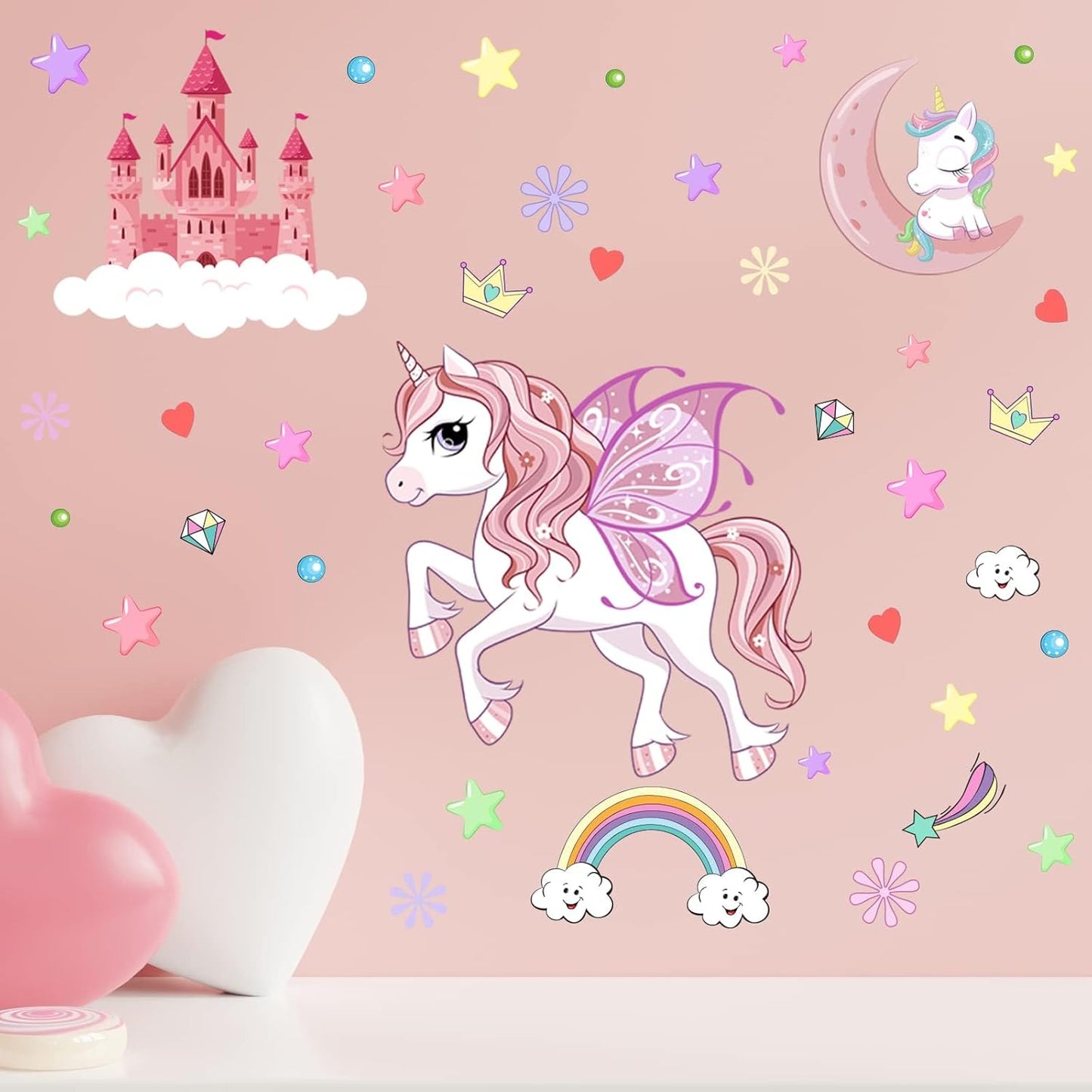 Glow in The Dark Stars Unicorn Wall Decals, Castle Moon Rainbow Stickers for Ceiling, DIY Unicorn Wall Decor for Nursery Girls Playroom, Kids Christmas Birthday Party Decoration