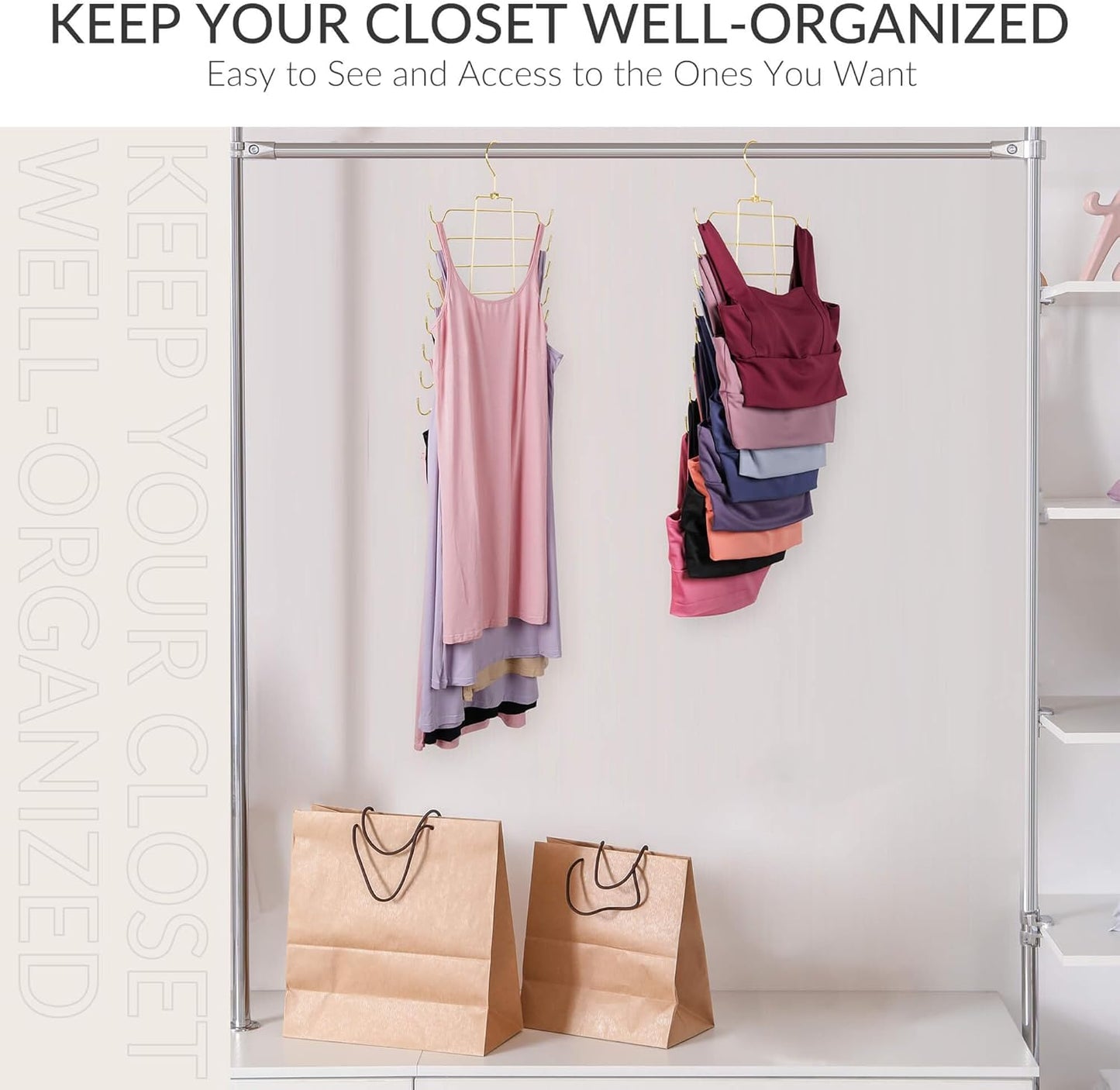 ZEDODIER Tank Top Hanger, 2 Pack Space Saving Bra Hangers, Non-Slip Hanging Sport Bras Holder, Closet Organizers and Storage for Camisoles Tank Tops Bras Ties Swimsuits Strappy Dress, Gold