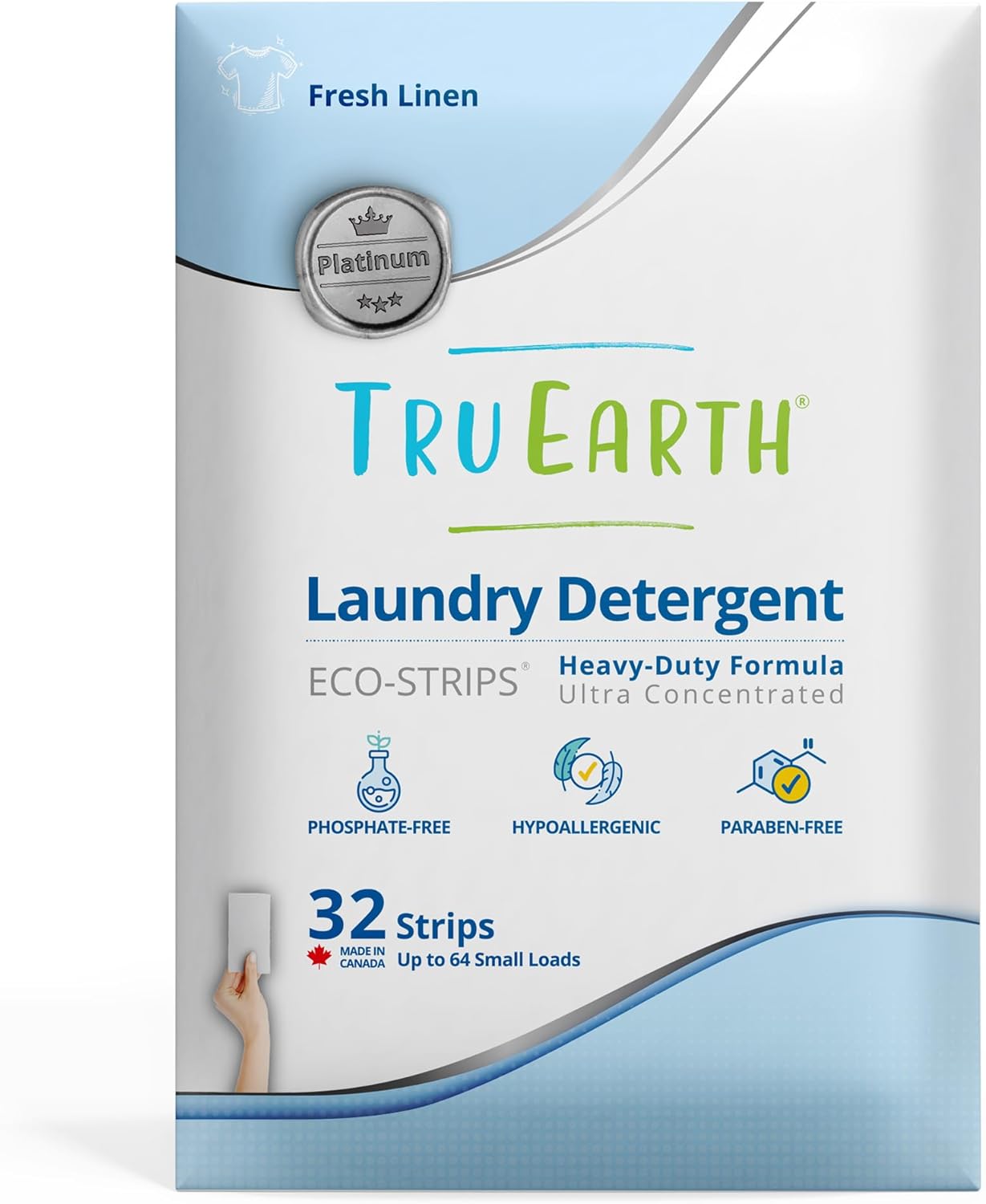 Tru Earth Platinum - Heavy Duty Laundry Detergent Sheets - Up to 64 Loads (32 Count), Fresh Linen Scent - Ultra-Concentrated Formula - Eco-Friendly Laundry Sheets