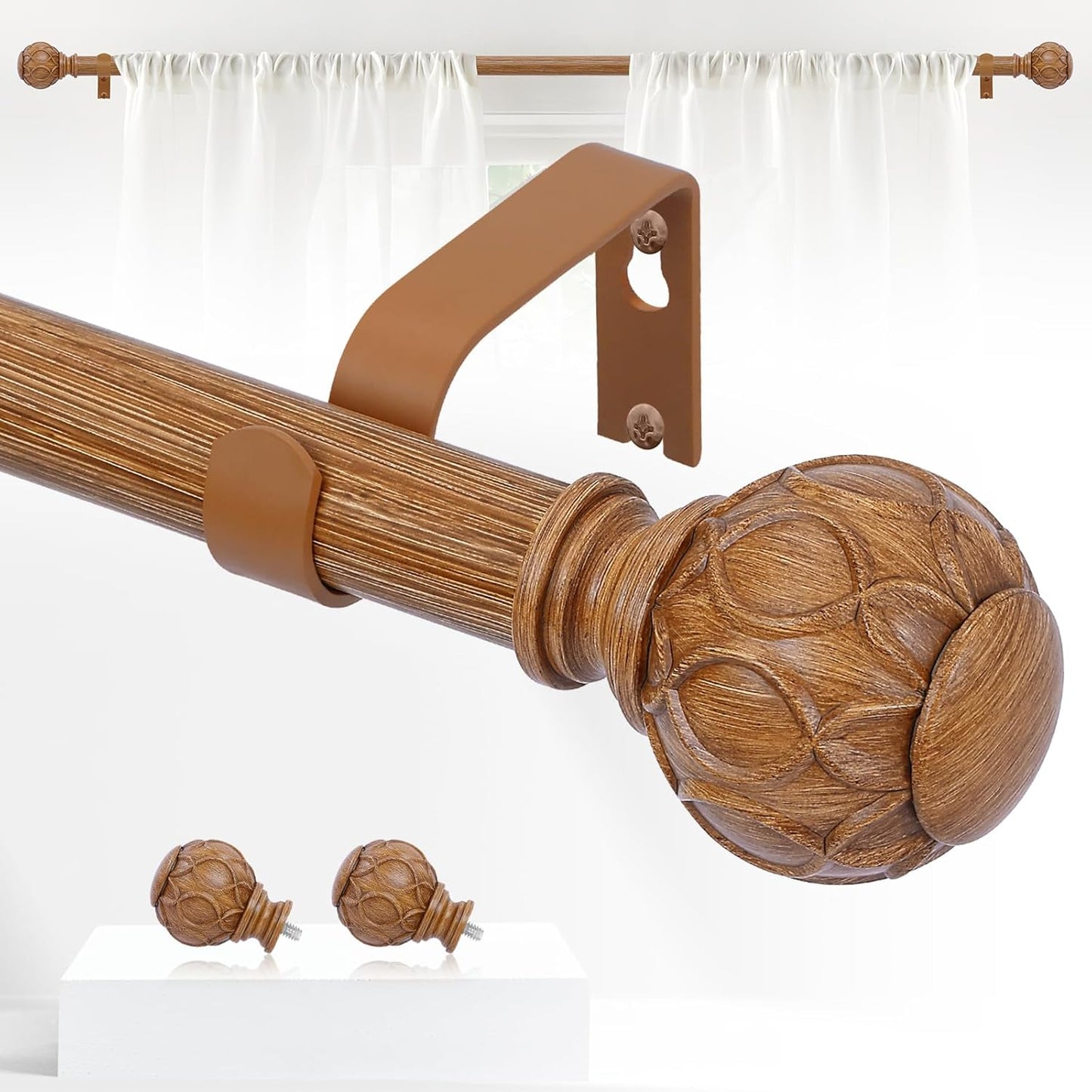 Wood Curtain Rods for Windows 28 to 48 Inch(2.3-4Ft),1 Inch Adjustable Curtain Rod,Heavy Duty Curtain Rods,Wooden Netted Texture Finial Drapery Rods,Single Window Curtain Rod 18-45",Brown Wood