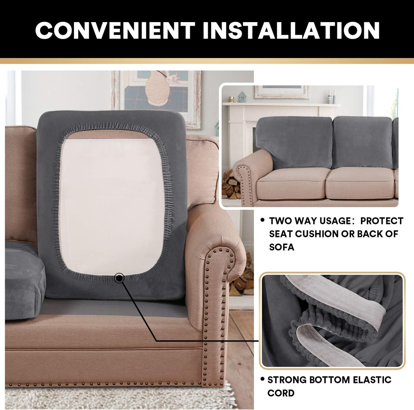 PrinceDeco Stretch Velvet Couch Cushion Covers for Individual Cushions Sofa Cushion Cover Seat, Sofa Covers Washable, Couch Seat Cushion Covers for Sectional (2 Pieces, Grey)