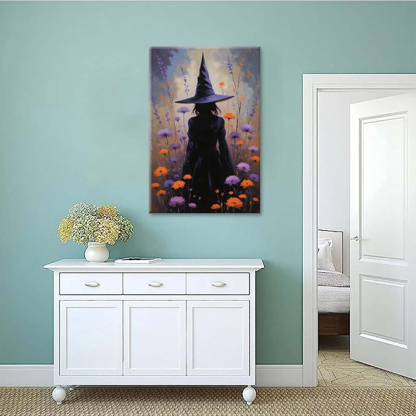 Country wildflower witch canvas print halloween mashup art witch purple decoration bohemian elegant art poster8x12in Wood Framed