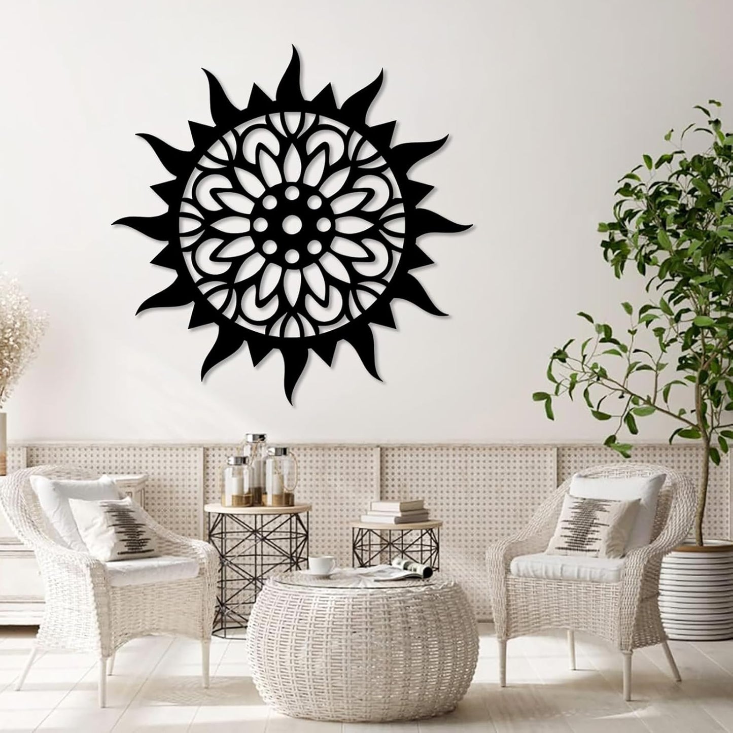 Sunburst Metal Wall Decor - Metal Sun Flower Wall Art, Outdoor Sun Wall Art, Sunburst Home Decor for Living Room & Patio (Silver, 24"x24"|60x60cm)