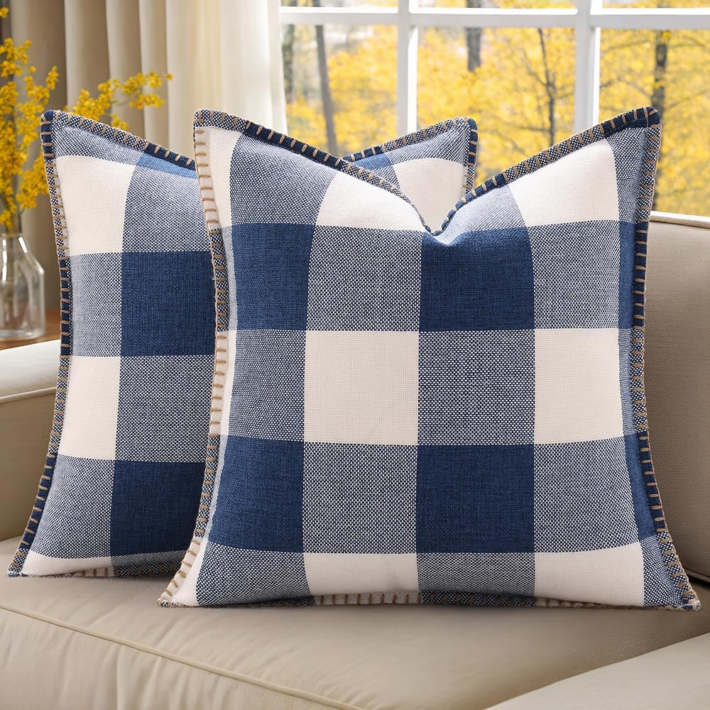 decorUhome Buffalo Plaid Check Throw Pillow Covers 22x22 Set of 2, Outdoor Decorative Farmhouse Neutral Pillow Covers with Stitched Edge for Bed Couch Sofa, Navy Blue and White