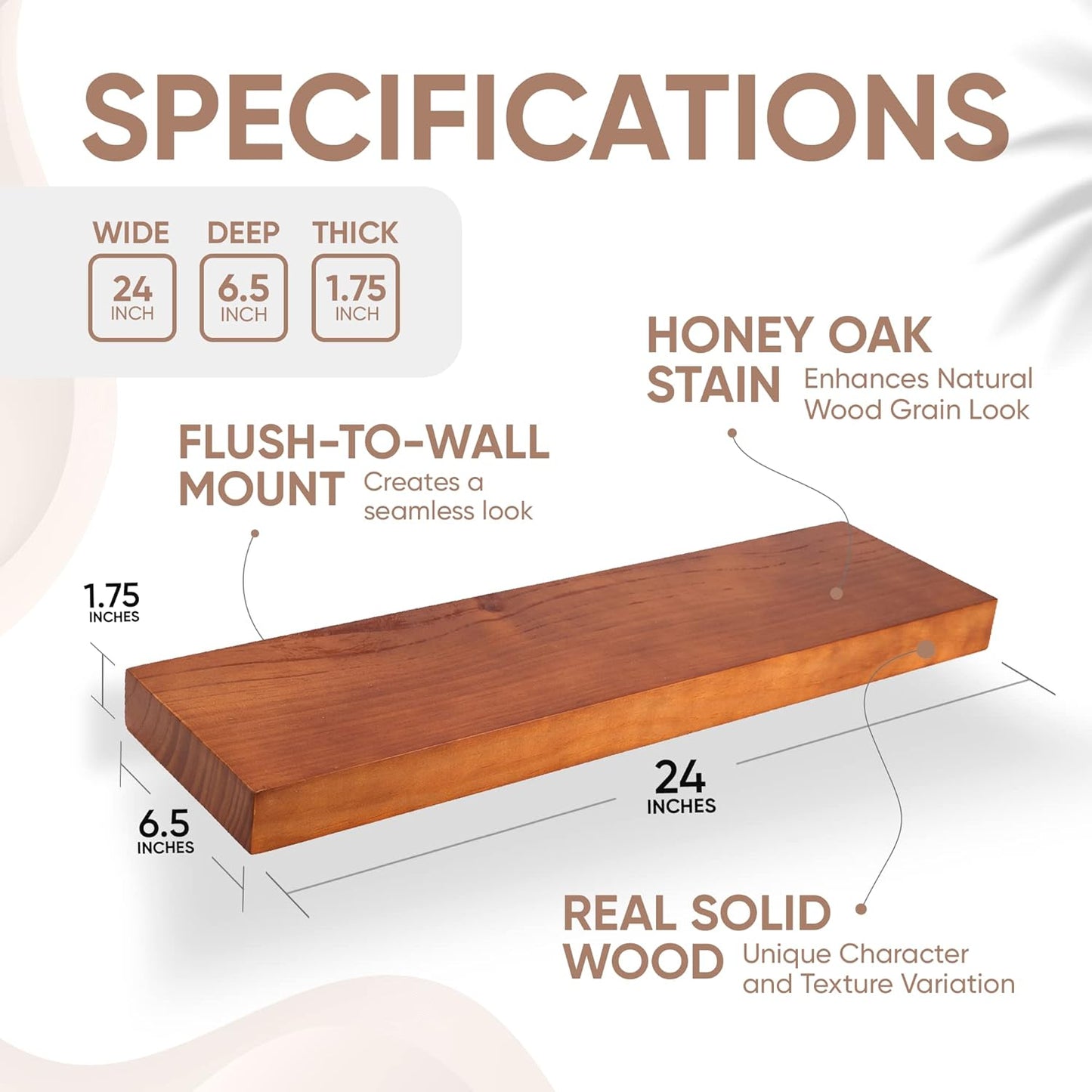 Homeforia 24inch Oak Floating Shelf for Wall, High End Solid Real Wood 24 inches Long Floating Shelves for Bathroom, Honey Oak Wooden Floating Shelves, Heavy Duty Bracket, 24 X 6.5 X 1.75 in, Set of 4