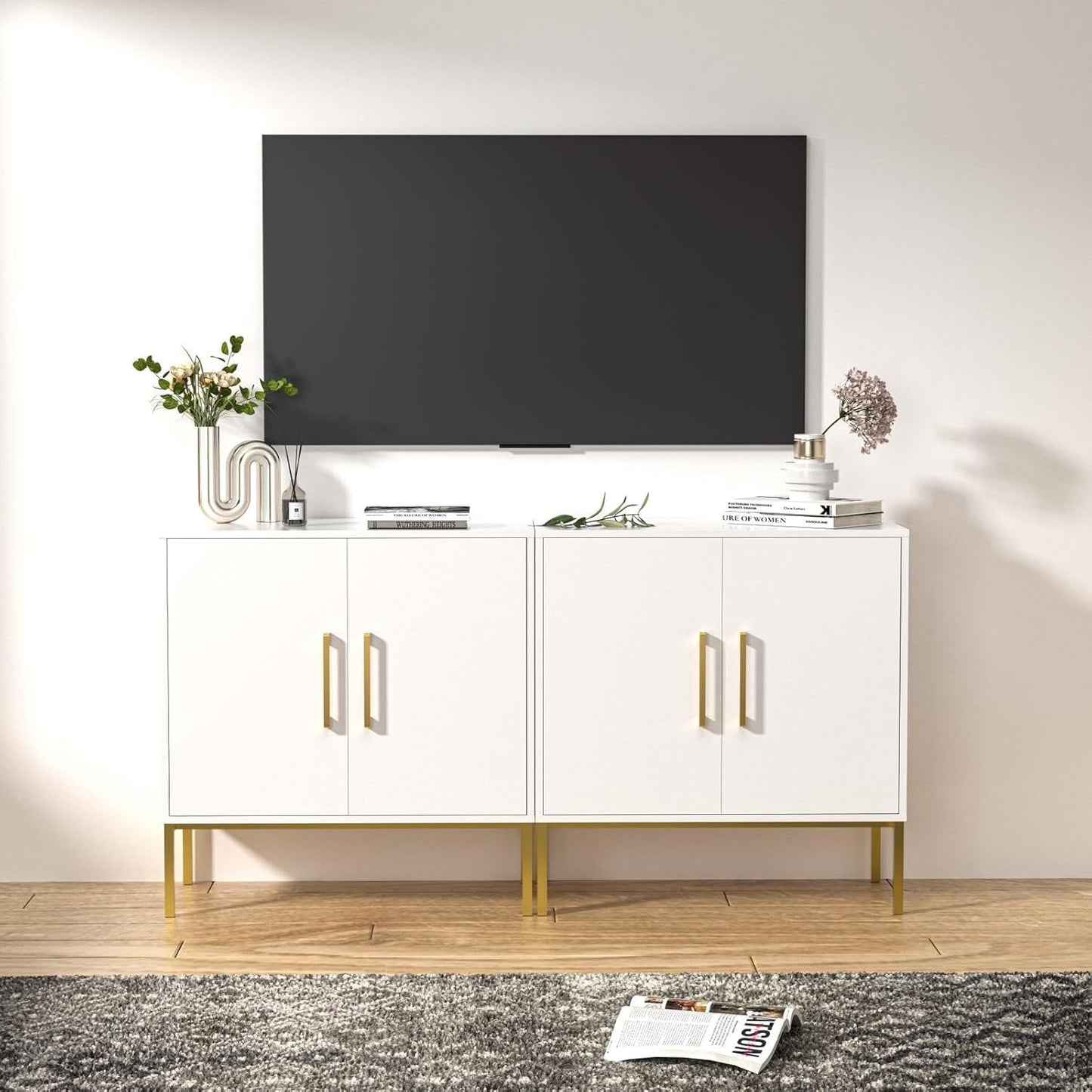 LYNSOM TV Stand for 55 Inch TV, Wood Entertainment Center with Storage Cabinet, TV Cabinet Black, Long Console Table for Living Room, Bedroom