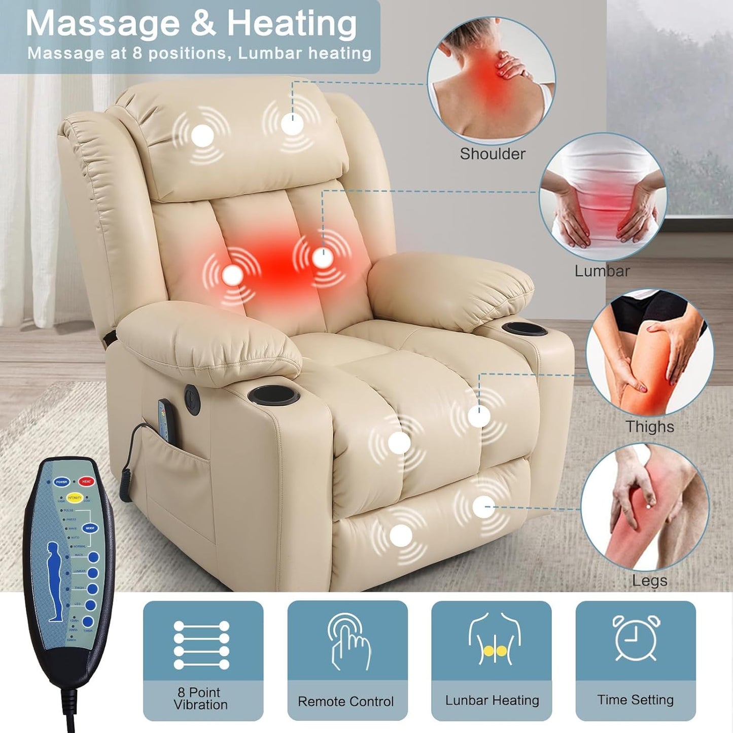 PARKOL Power Lift Recliner Chair for Elderly Breathable Leather Recliner Chair with Massage and Heat,2 Cup Holders,Electric Stand Assist,USB Ports,Gifts for Family (Grey)