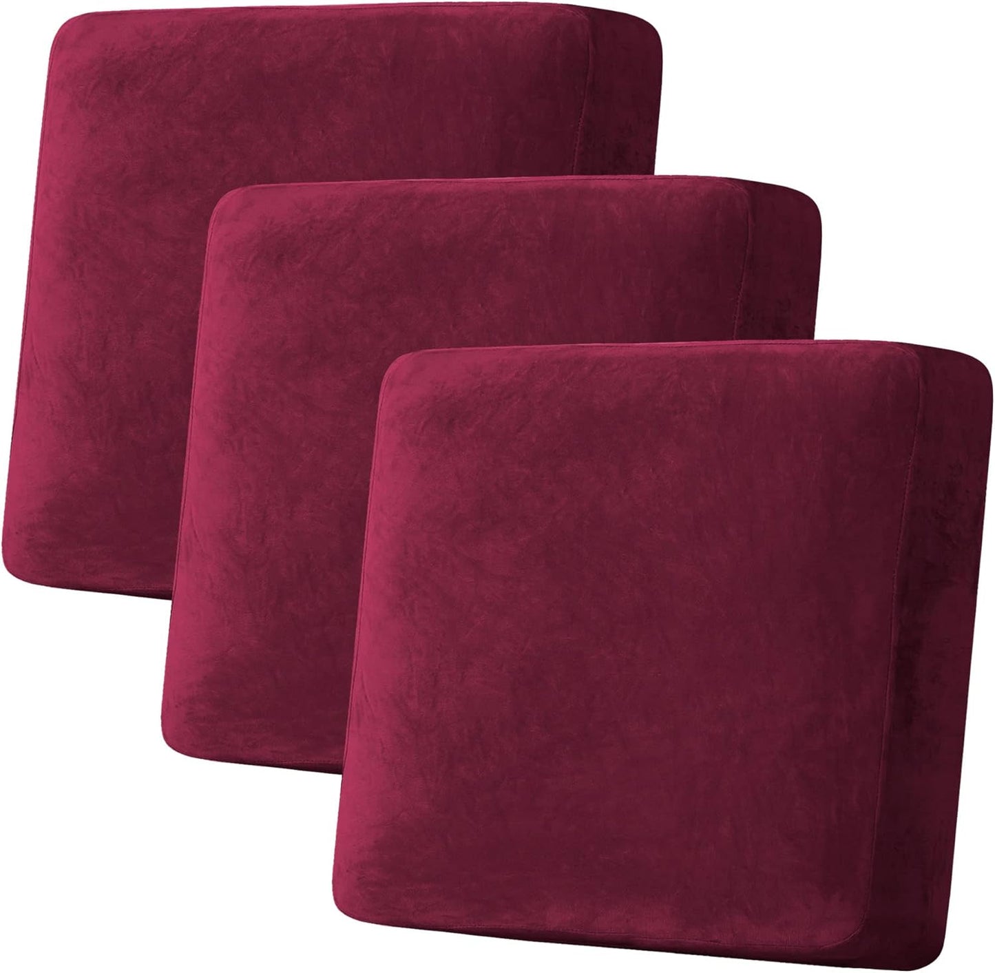H.VERSAILTEX Velvet Stretch Couch Cushion Cover Plush Cushion Slipcover for Chair Loveseat Sofa Cushion Furniture Protector Seat Cushion Sofa Cover (3 Piece XL Sofa Cushion Covers, Burgundy)