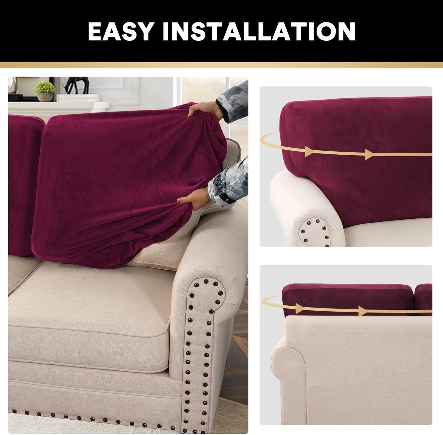 PrinceDeco Velvet Cushion Covers for Sectional Couch, 3 Back Cushion, Burgundy