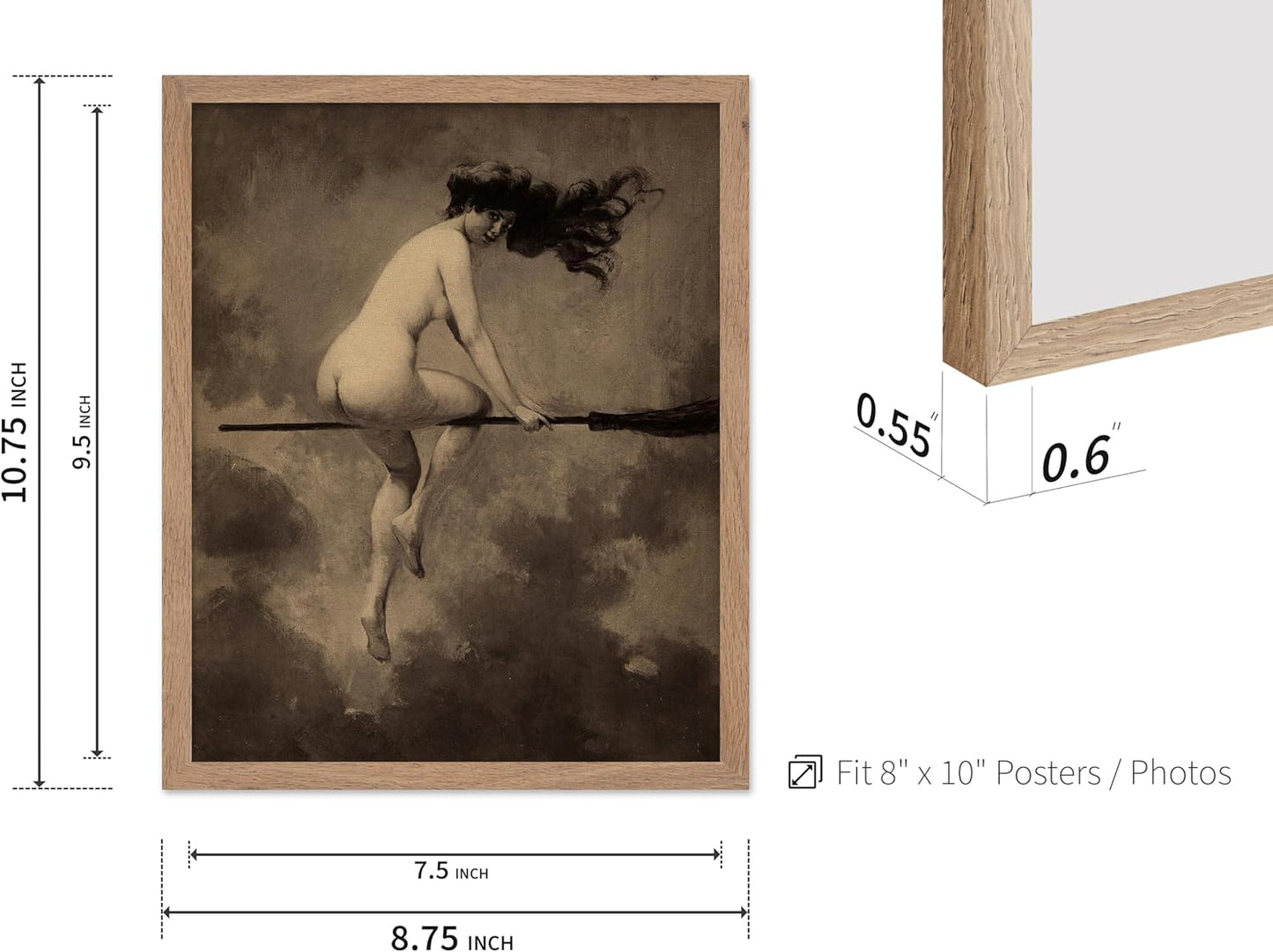 Poster Master Vintage Albert Joseph Penot Poster - Retro Halloween Print - Gift for Artist, Friend - Departure for the Sabbath, Naked Witch on Broom - Wall Decor for Bedroom, 8x10 Beige Framed