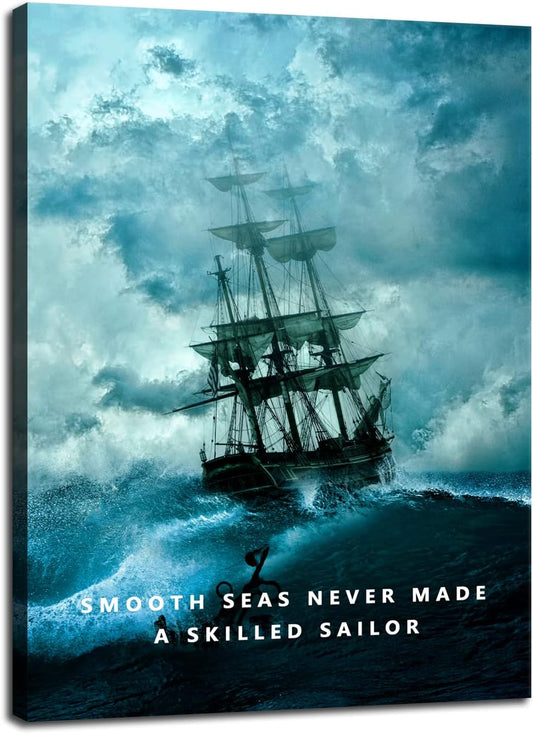 Motivational Wall Art Inspirational Canvas Poster Smooth Seas Never Made A Skilled Sailor Entrepreneur Quote Picture Home Office Decor Painting Framed and Stretched Ready to Hang [30''W x 40''H]