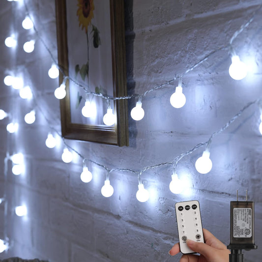 Minetom 66 Feet 200 Led Globe Ball String Lights - Fairy Plug-in With Remote, Waterproof for Indoor Outdoor Party Wedding Christmas Tree Garden Decoration, Pure White