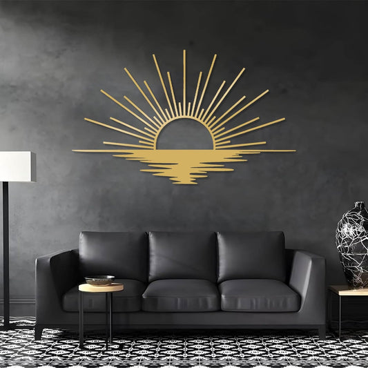 Sunrise Metal Wall Art, Metal Sun Wall Decor, Sun Outdoor Wall Art, Abstract Sunrise Wall Decor, Boho Home Hanging, Living Room Wall Hanging (Gold, 53"x32"/135x81cm)