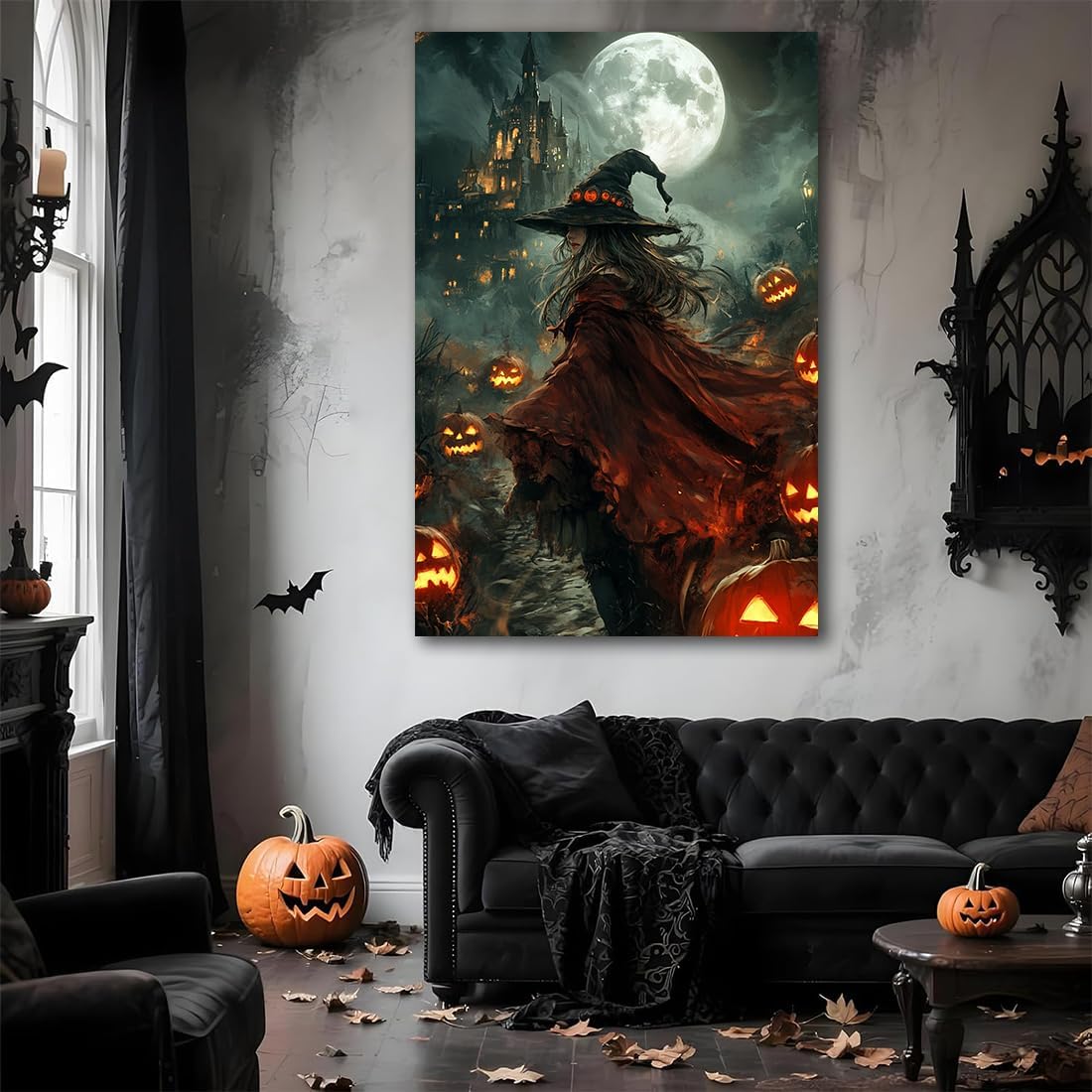 Dark and Moody Gothic Witch Poster Wall Art,Vintage Rustic Witch in Cloak with Castle Pumpkin Road Dark Gothic Poster,Goth Spooky Season Halloween Prints for Fantasy Office,12"x18" Framed