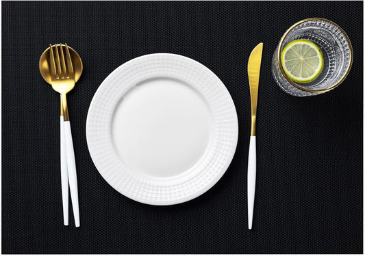 LEXMORE Placemats Set of 8 Vinyl/Plastic Woven Place Mats for Kitchen Table Indoor/Outdoor Washable Placemat Wipeable Dining Table Mats(A-Black)