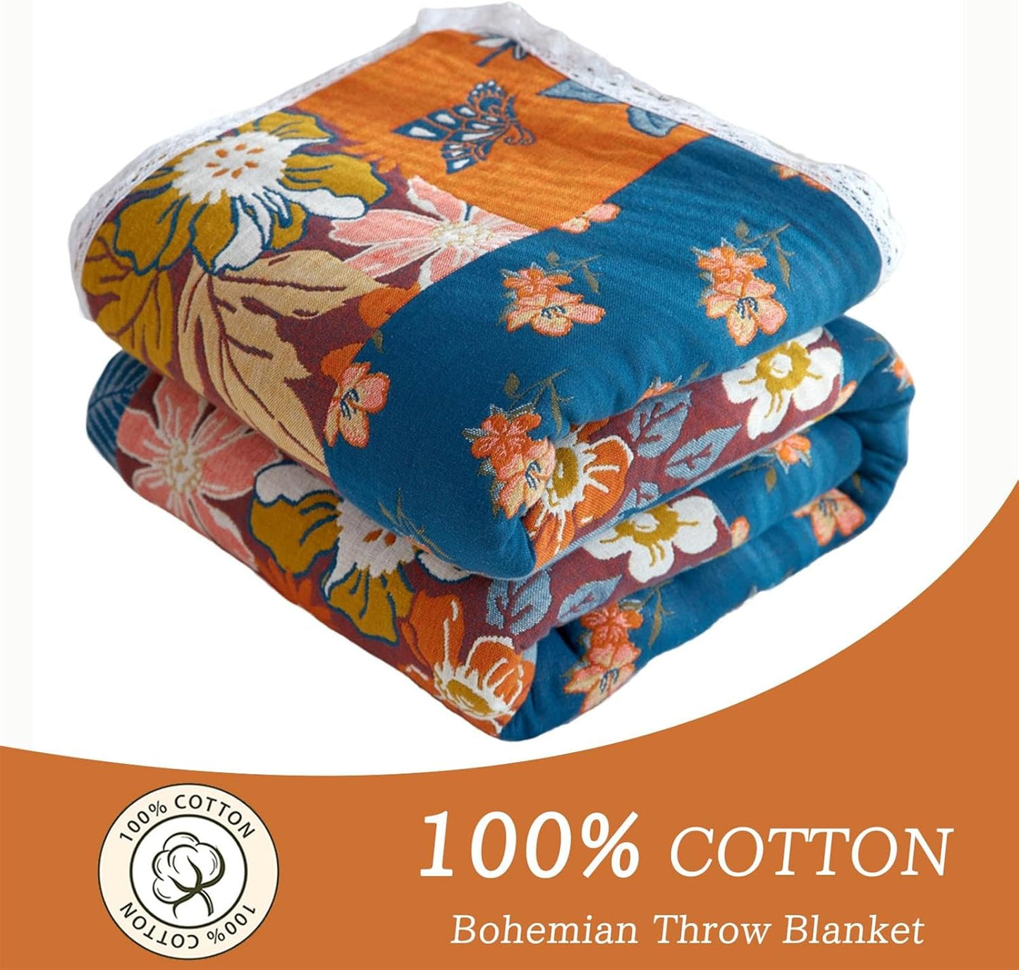 Throw Blanket for Couch Bed, 100% Cotton Muslin 60''x80'' Travel Bed Blankets Mexican Boho Quilt Flowers Blanket Lightweight Blanket Soft Warm Throws Gifts for Women Mom