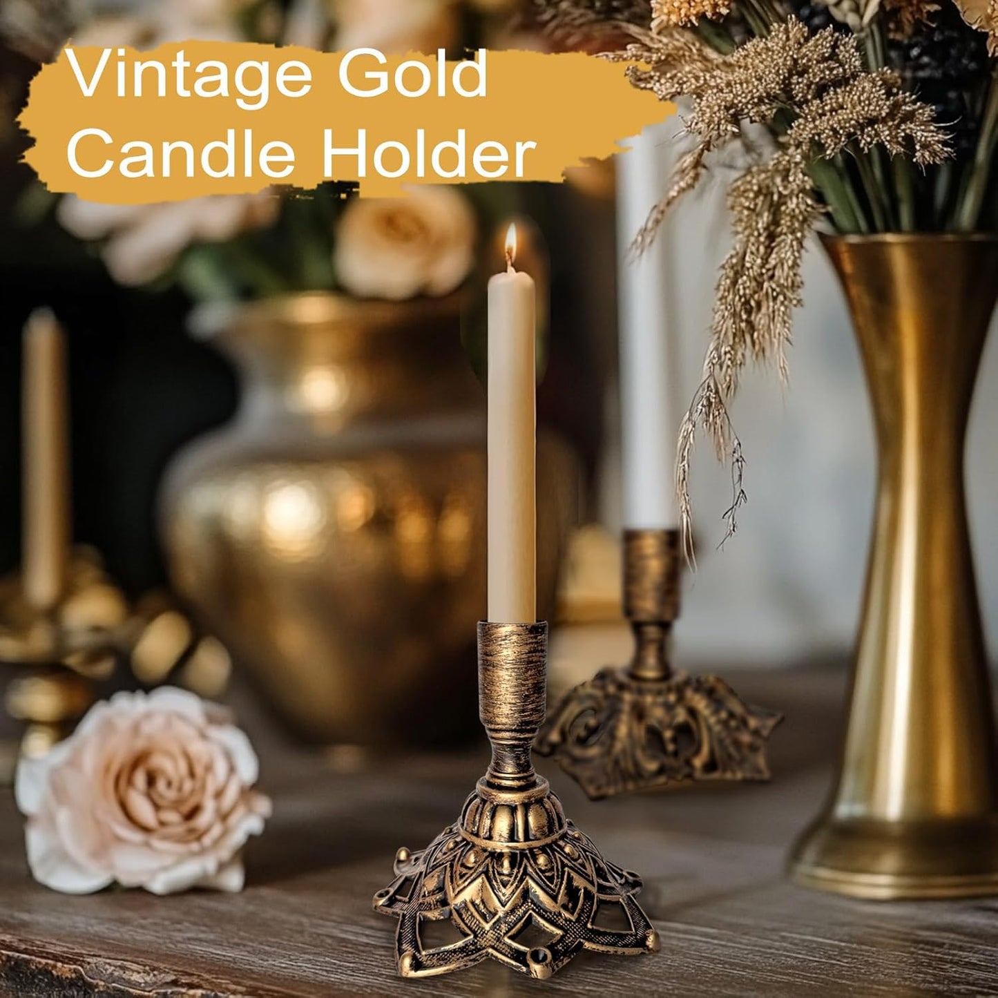Candlestick Holders,Taper Candle Holder for Candlesticks Gold Brass Vintage Candle Metal Stick Candle Holders for Fireplace, Party, Dining,Wedding Decor,Fits 3/4 inch Thick Candle(Set of 2Pcs)