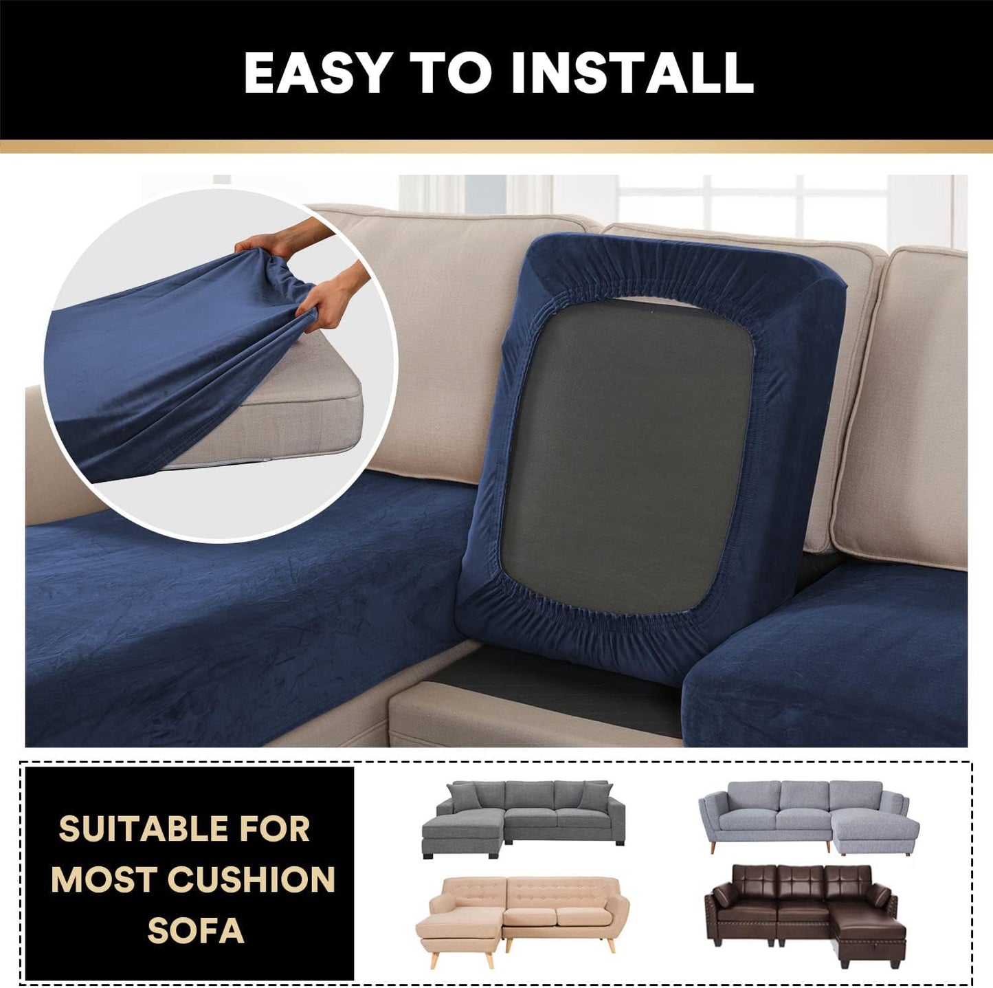 PrinceDeco Sectional Couch Covers 3 Pieces Velvet Sofa Covers L Shape Soft Couch Covers for Sectional Sofa Corner Sofa Cover Couch Cover for Dogs Washable (2 Seater + 1 Chaise,Navy)