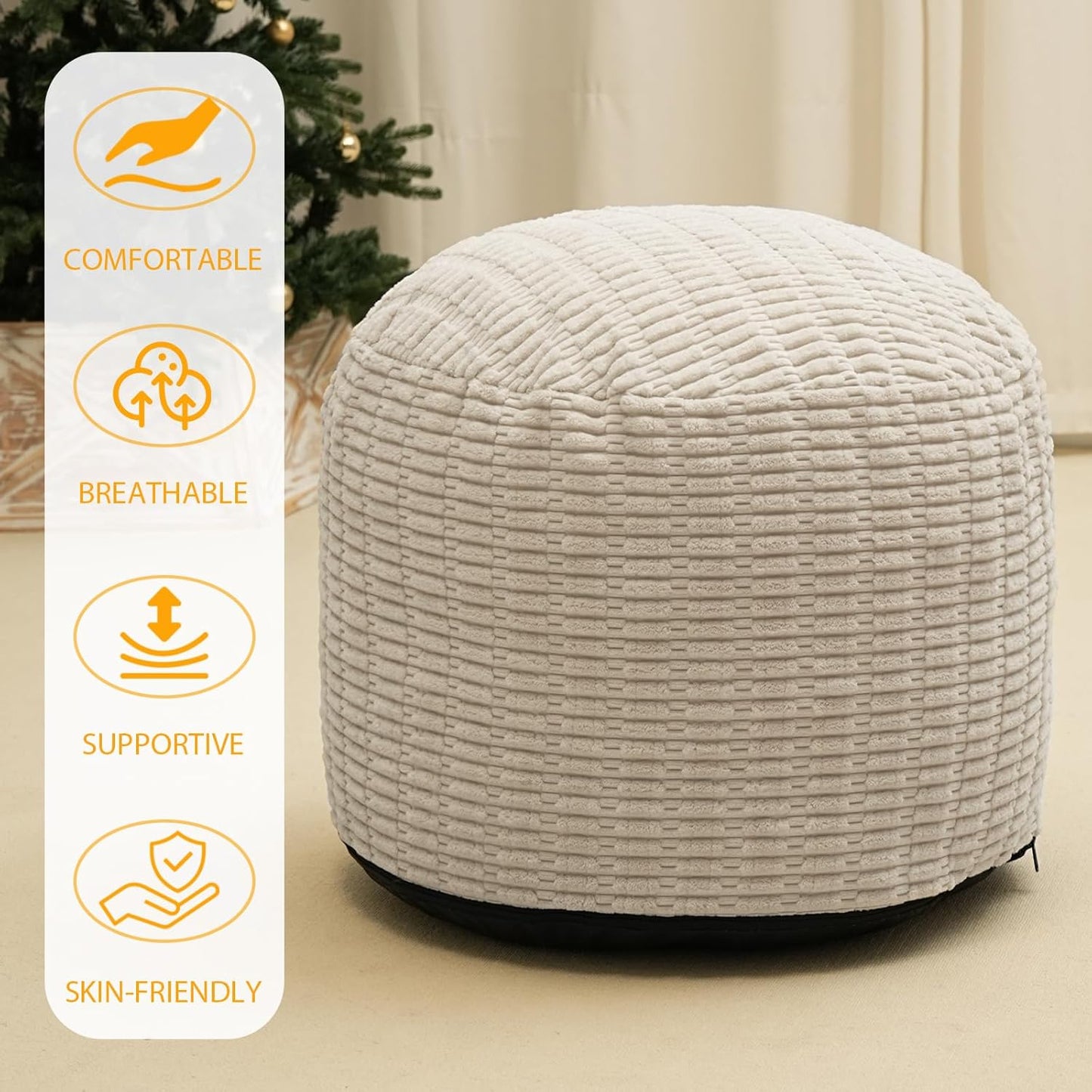 Round Stuffed Pouf Ottoman for Foot Rest, Storage Ottoman Pouf Foot Stool Cushion, Faux Fur Poufs with Foam Chunk Filling, 26 X 18 Inch Floor Chair for Living Room Bedroom Home Decor, Beige