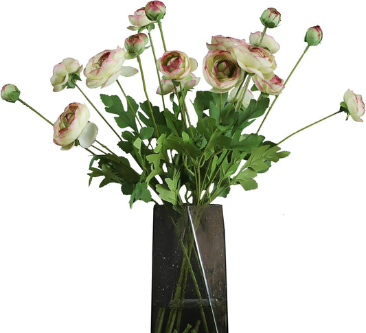 Artificial Silk Flowers Persian Buttercup Bicolor Ranunculus Flower 5 Pcs,Suitable for core Decoration,Wedding Floral Creation,Flower Arrangement DIY Project,Interior Decor（Green）