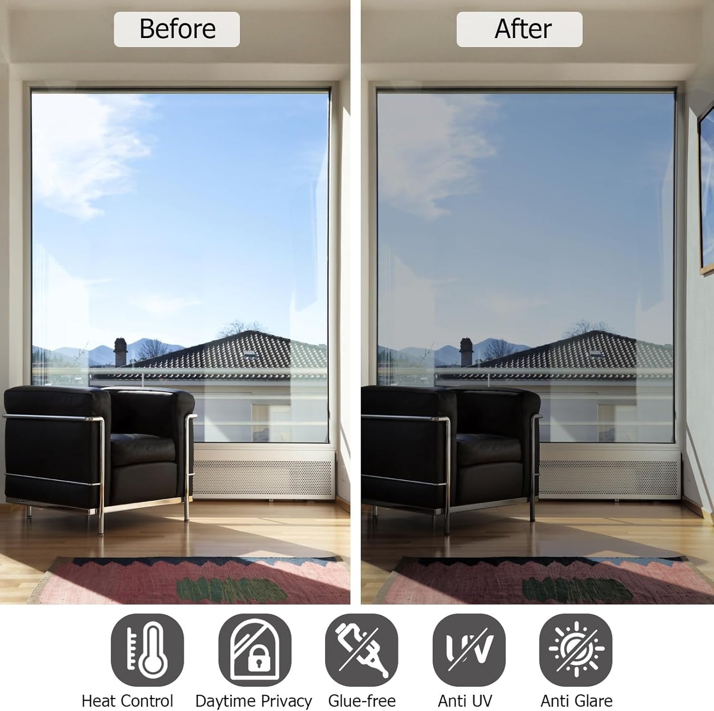 HIDBEA One Way Privacy Window Film, Daytime Privacy Sun Blocking Anti UV Reflective Window Film Heat Control Static Cling Window Tint Film for Home and Office, Silver, 17.35 x 196.8 Inch
