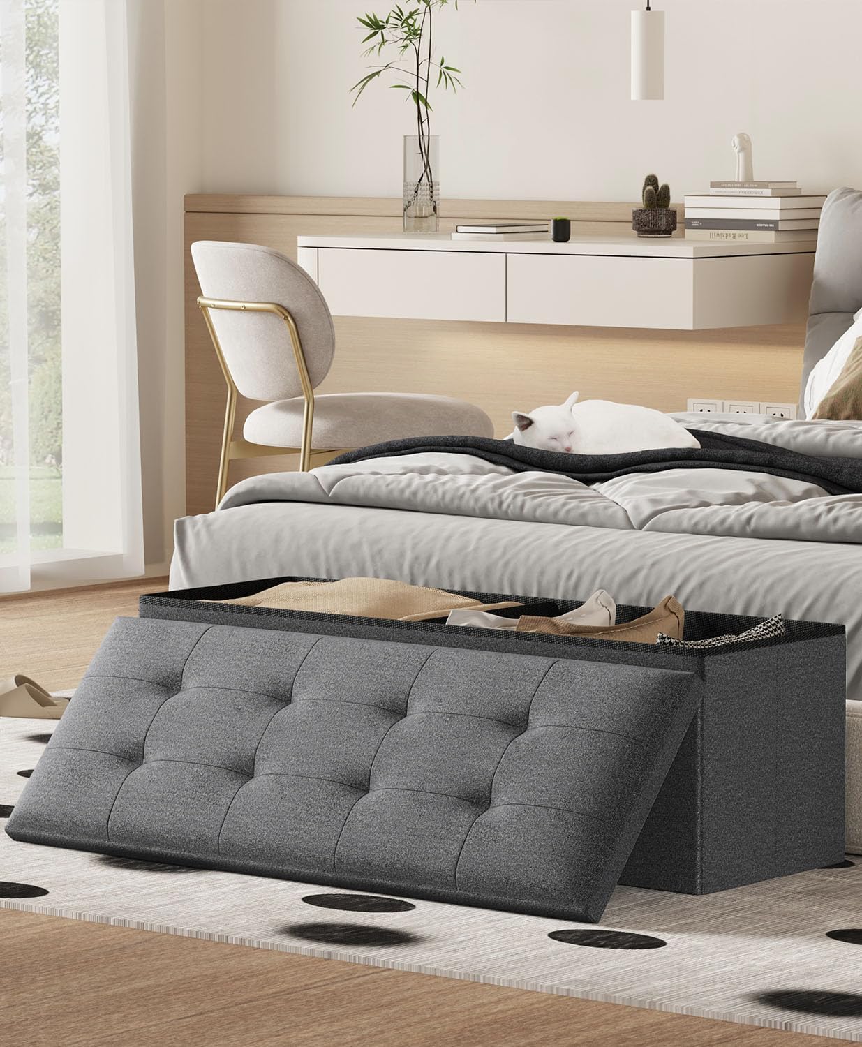 Storage Ottoman Bench, Folding Ottoman Foot Rest, 15 x 43 x 15 Inches, End of Bed Bench, Storage Chest, for Living Room, Bedroom, Hallway, Entryway, Holds up to 700 lb,Dark Gray