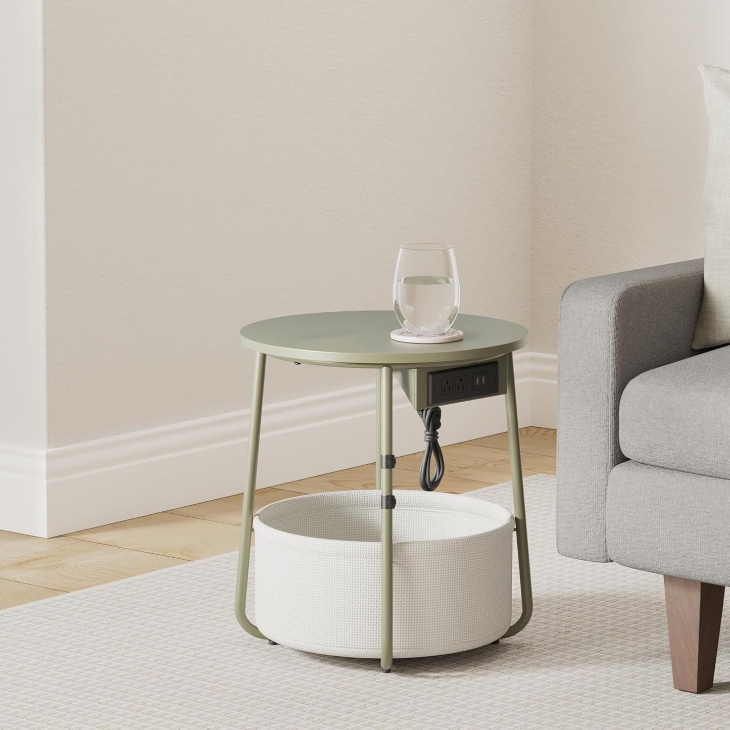 VASAGLE Side Table with Charging Station, Round End Table with Fabric Basket, Nightstand with Power Outlets, USB Ports, for Living Room, Bedroom, Modern, Forest Green and Cream White ULET228C04