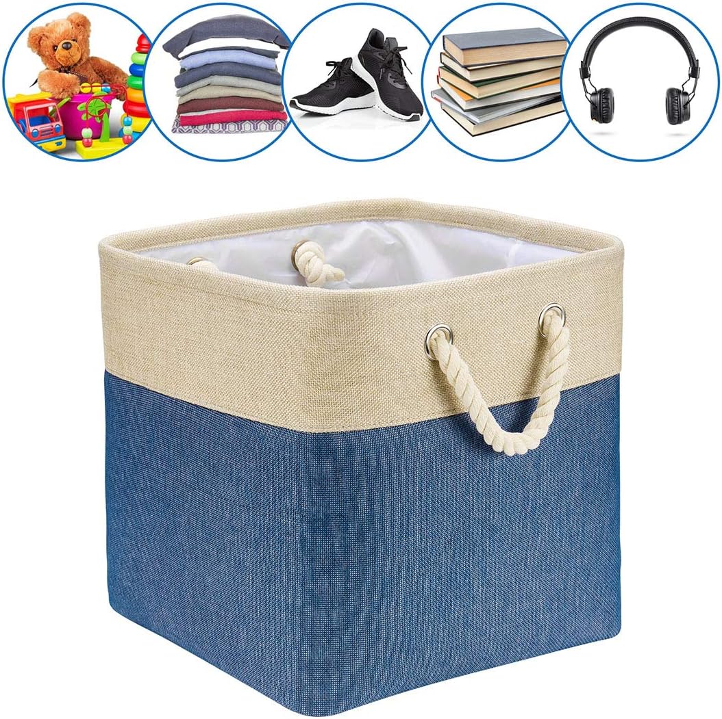 i BKGOO 3Pack Large Foldable Storage Bins，Collapsible Sturdy Cationic Fabric Organizing Storage Basket Cube with Cotton Handles for Home Office Shelf Clothes Toys Khaki-Blue 13×13×13 inch