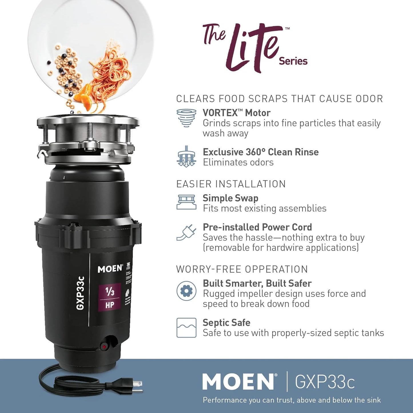 Moen Lite Series PRO Compact Continuous Feed Garbage Disposal for Kitchen Sink with Power Cord, GXP33C
