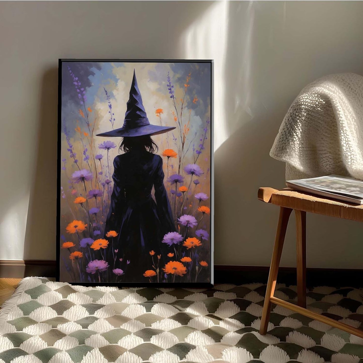JFHCQJPK Country wildflower witch canvas print halloween mashup art witch purple decoration bohemian elegant art poster20x30in Metal blackFramed