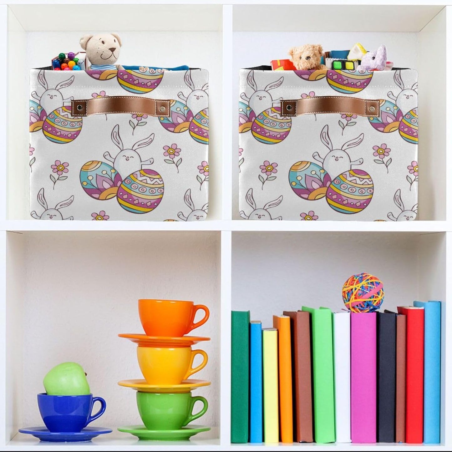 susiyo Easter Storage Basket with Handles, Cute Easter Rabbit Egg Large Foldable Fabric Collapsible Storage Bins Organizer Bag for Storage