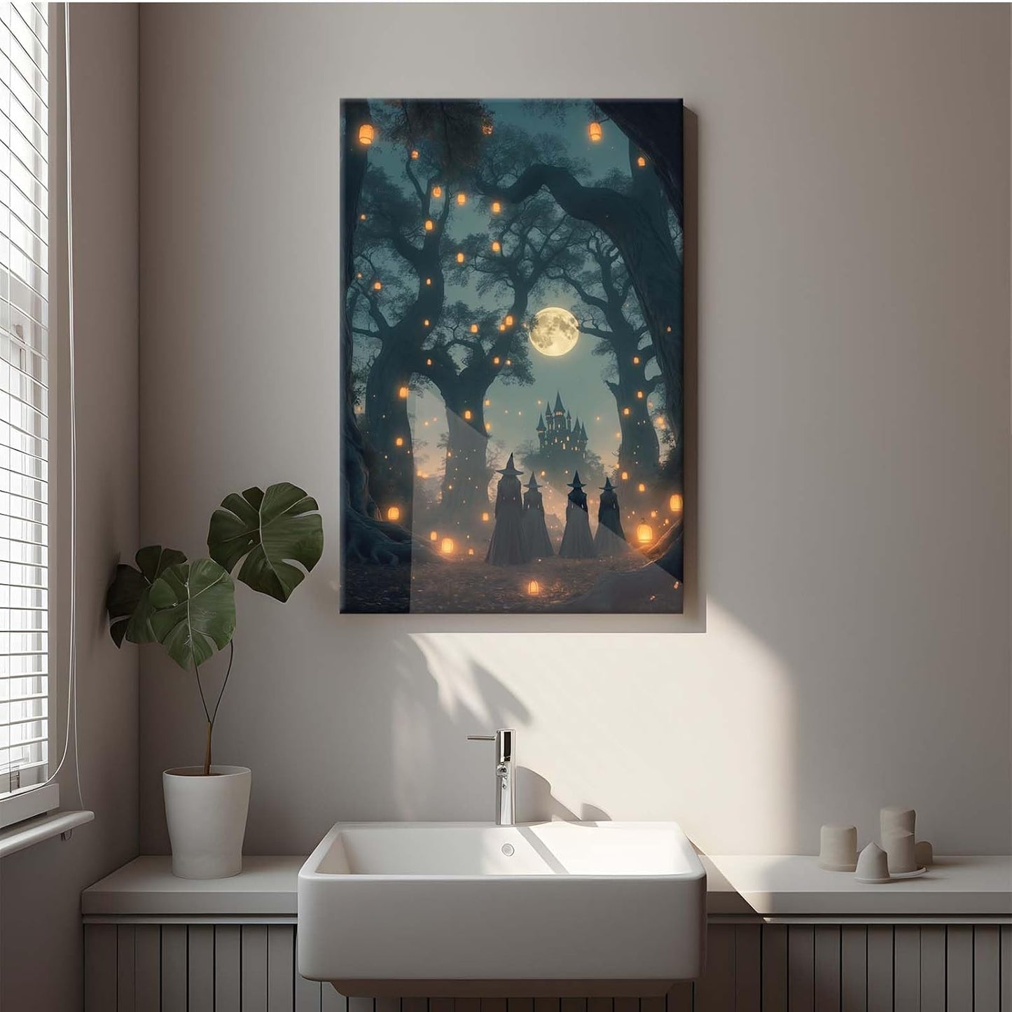 Mysterious creek painting witch and castle in magic forest art print canvas gothic print dark college decoration poster for home bedroom8x12in Wood Framed
