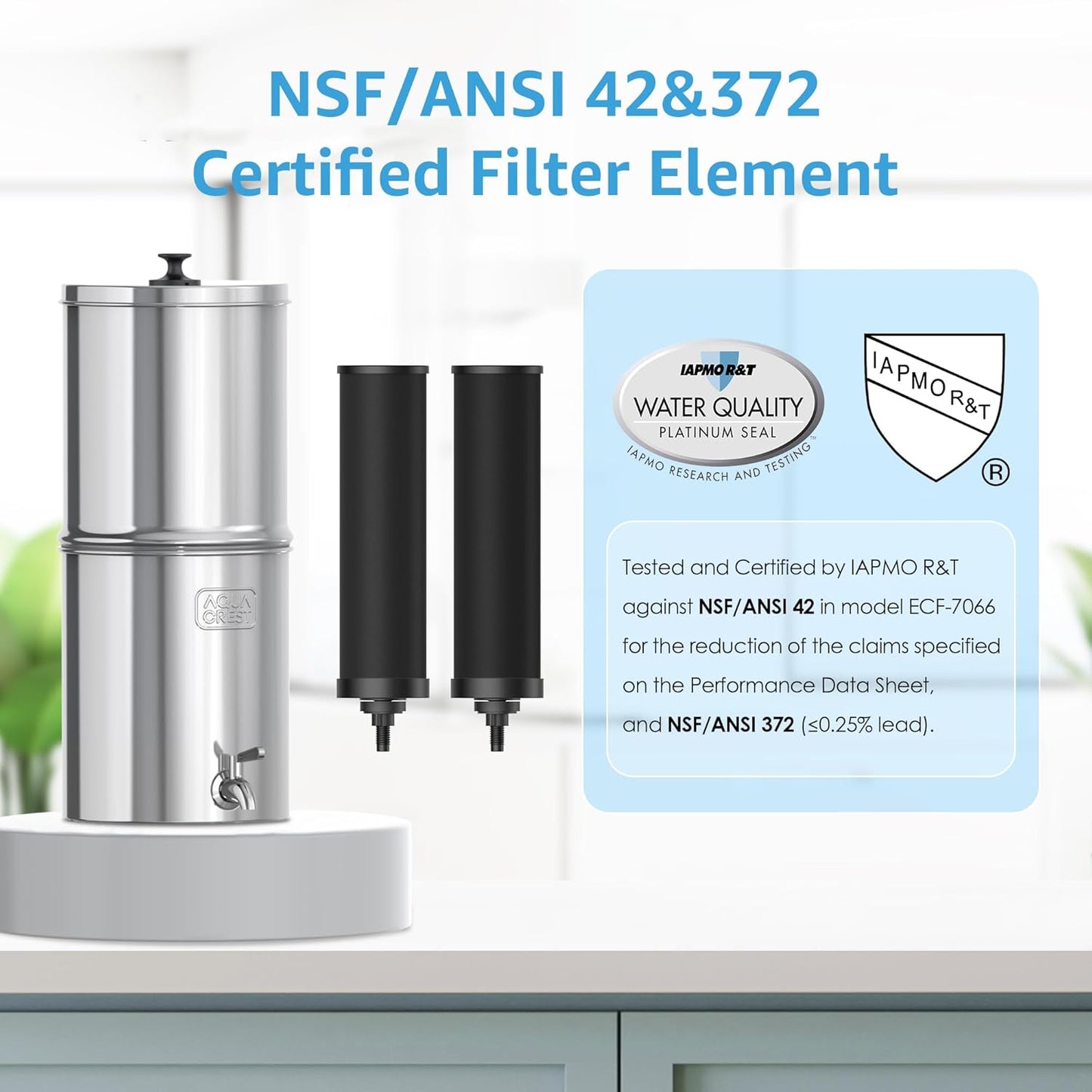 AQUA CREST Gravity Water Filter System, 304 Stainless Steel Countertop System with 4 Filters and Anti-Slip Stand, Reduce Fluoride and Chlorine, 2.25G, for Home, Camping, RVing, Off-Grid, Emergencies