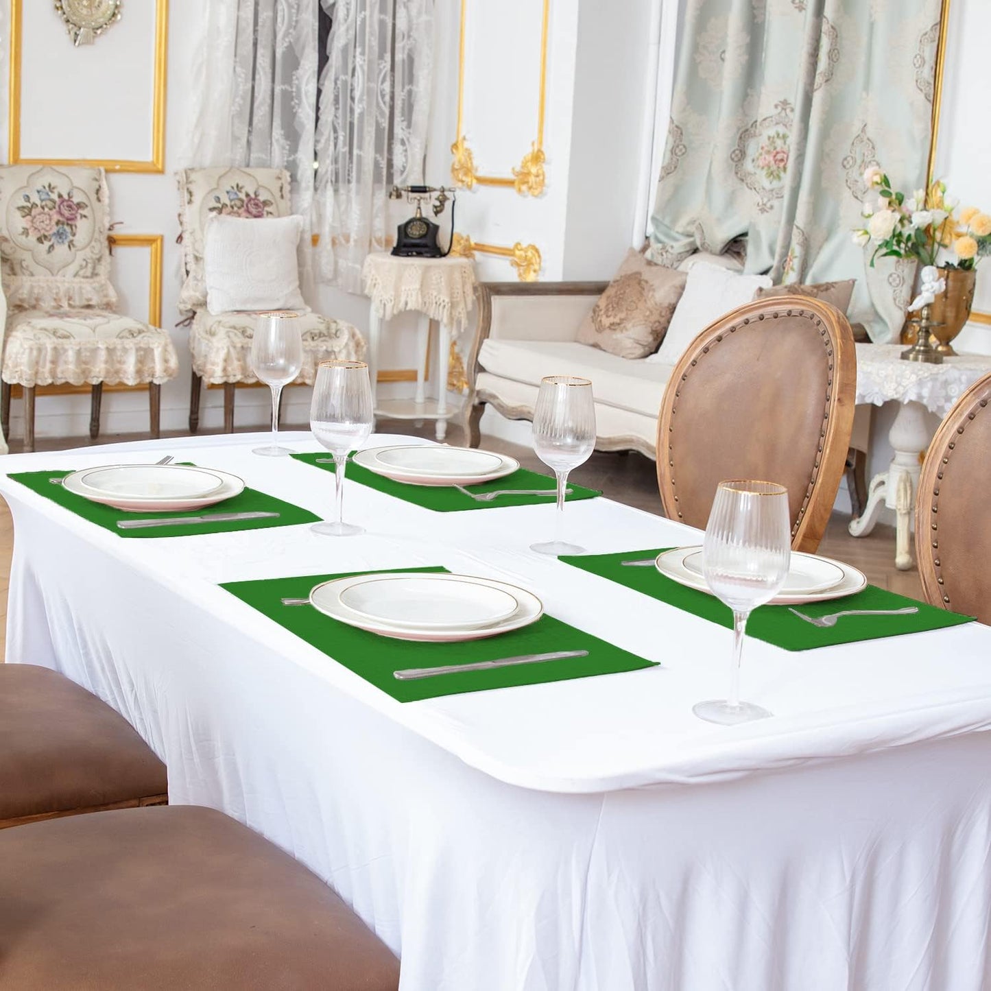 Cloth Placemats Set of 8, Linen Type Fabric Placemats Machine Washable Heat Resistant Placemats Wrinkle Free Thick Polyester Kitchen Place Mats for Dining Table (Forest Green)