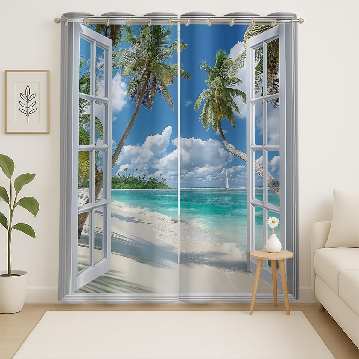 Beach Blackout Curtains for Girls Boys Teens Home Decor, Tropical Summer Scene Ocean Island Palm Tree Grommet Thermal Insulated Drapes Darkening Window Curtain for Bedroom Living Room, 63 x 63 Inch