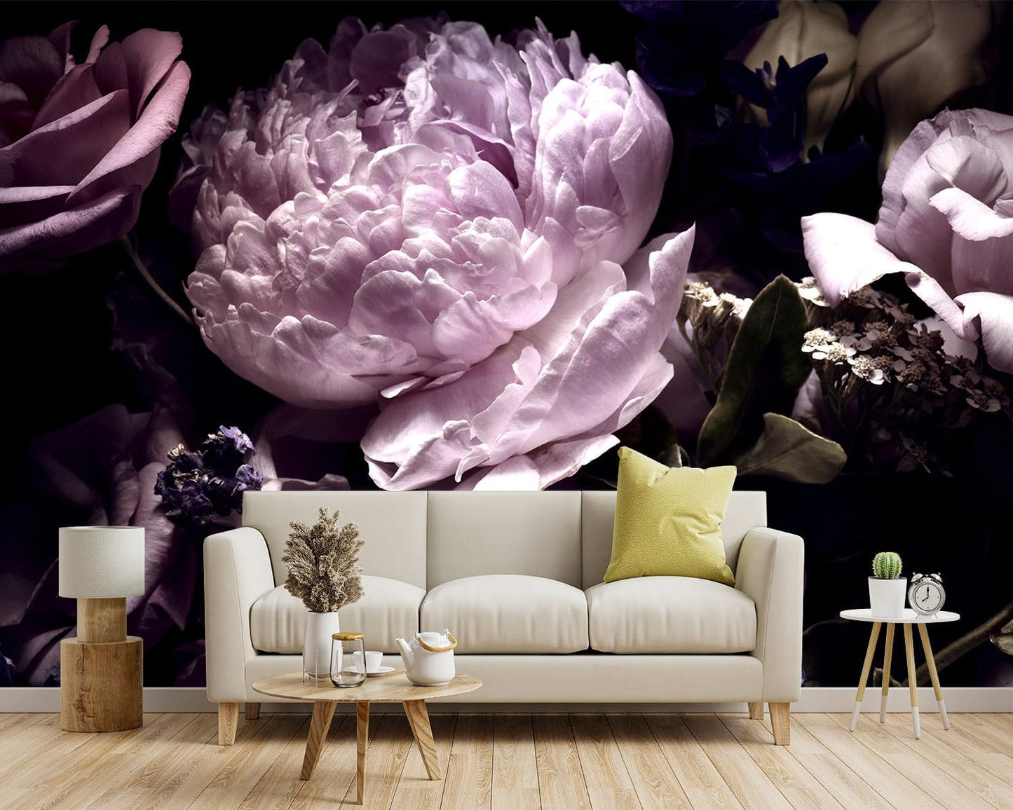 -Black Peony Purple Floral Botanical Fabric Wallpaper Living Room Bedroom Bathroom Dark Flowers Large Wall Mural- 160"x108"（ not Peel and Stick）